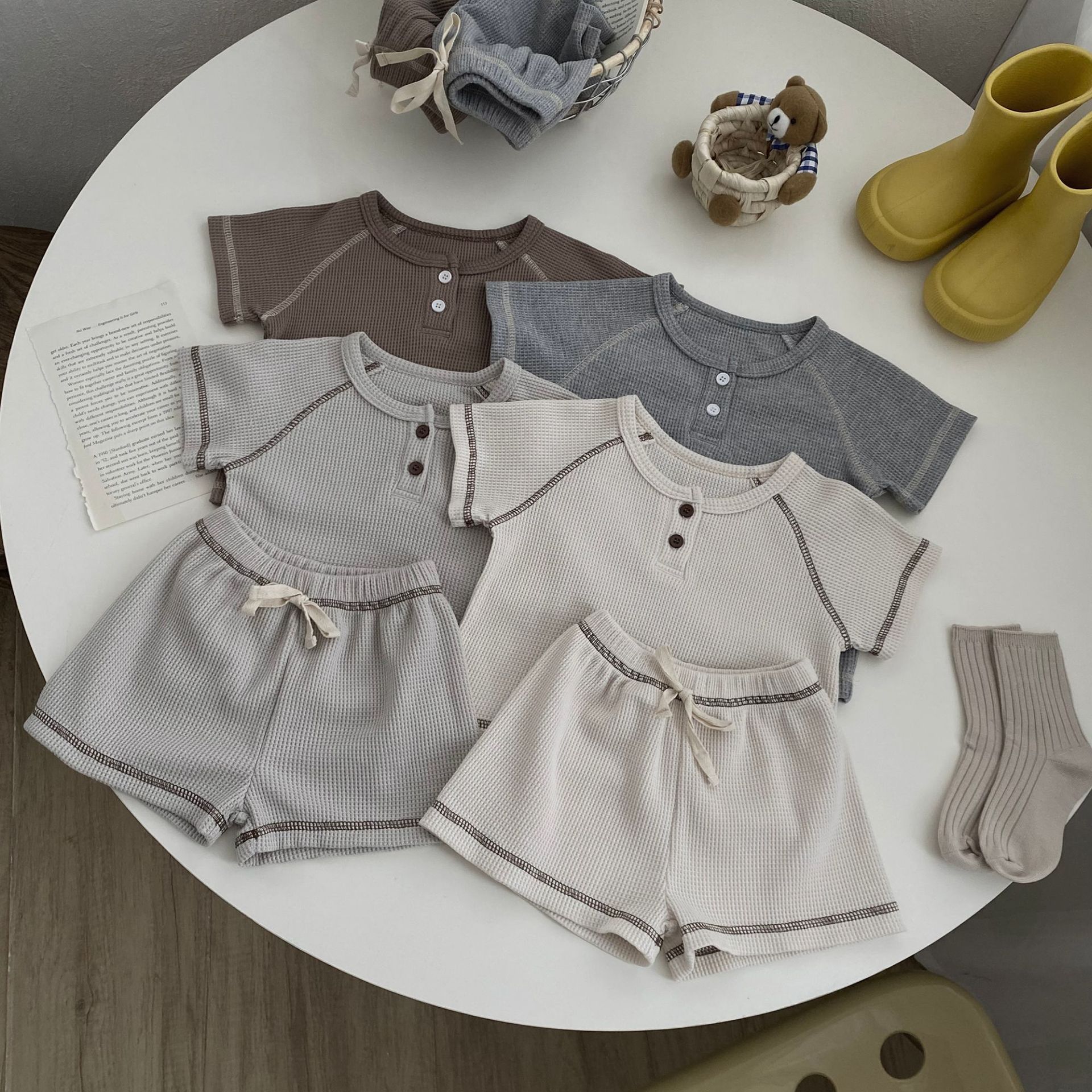 Ins Children's Waffle Short Sleeve Two-piece Set