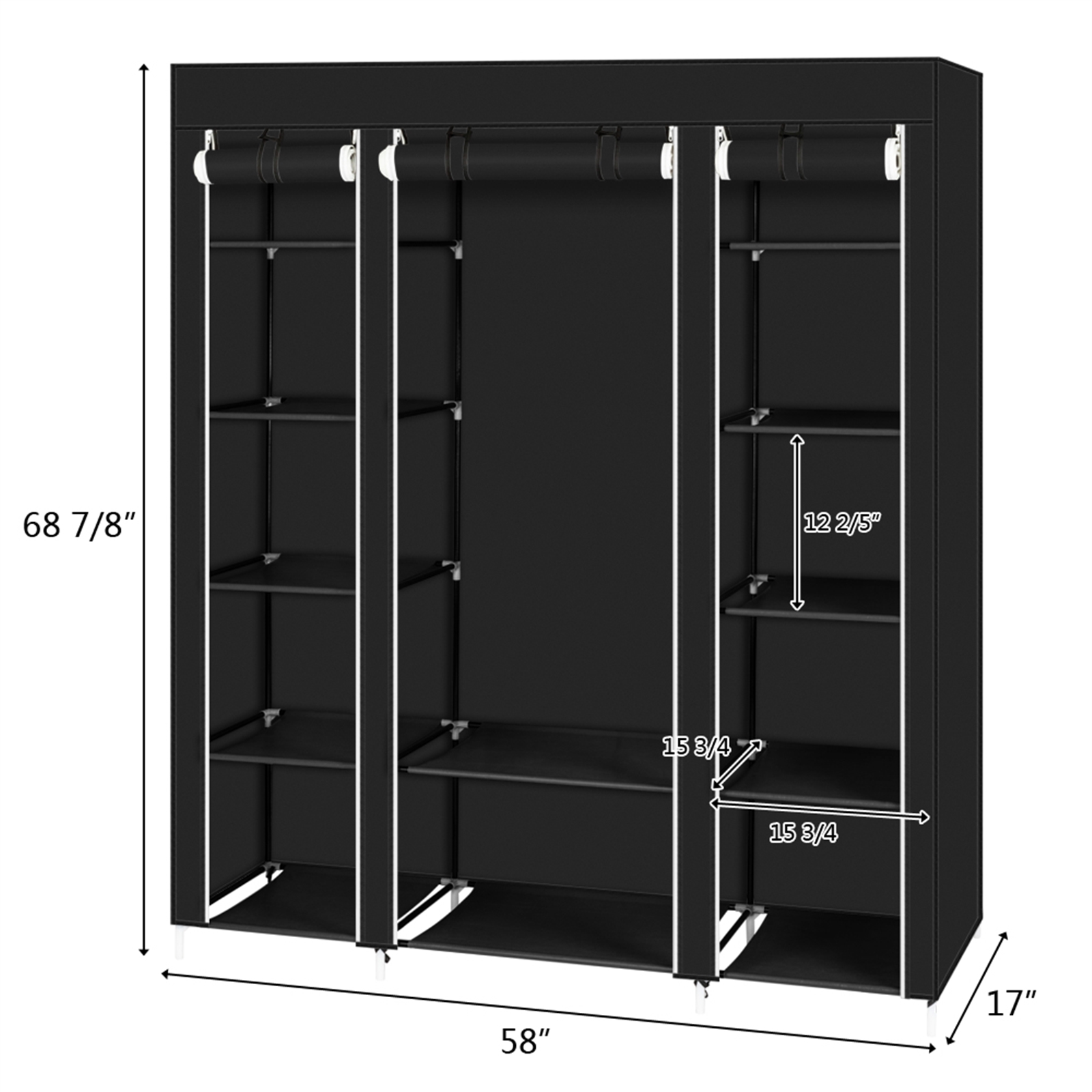 69 Inch Portable Clothes Closet Wardrobe Storage Organizer With Non-Woven Fabric Quick And Easy To Assemble Extra Strong And Durable Black