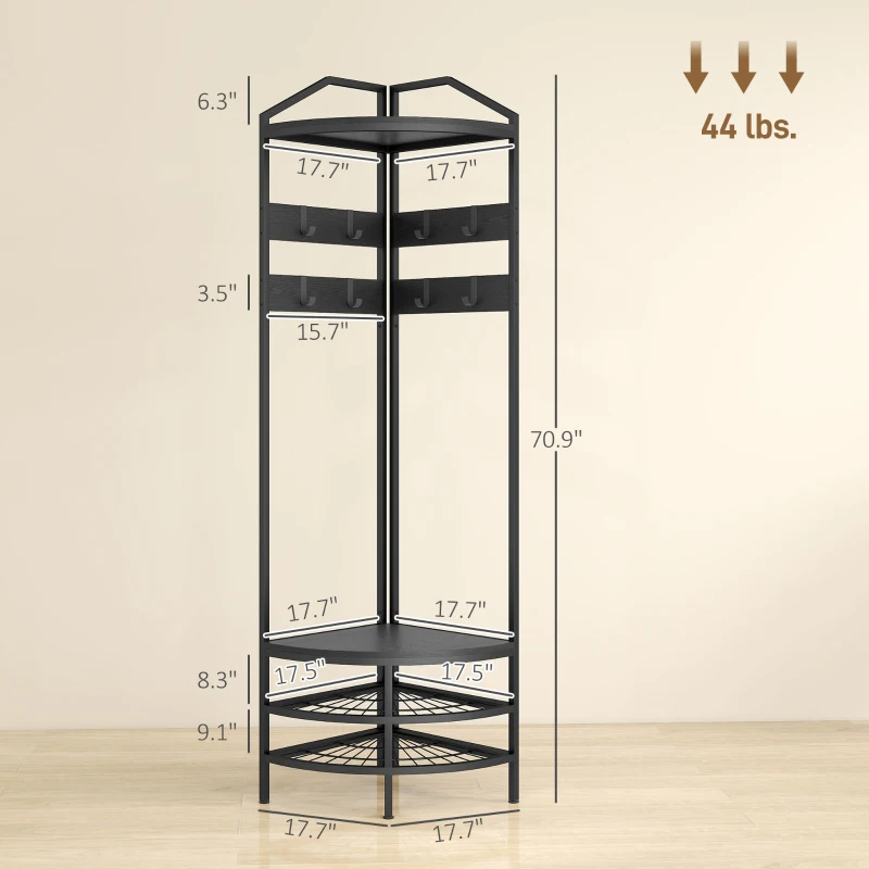 Corner Hall Tree, Industrial 4-Tier Coat Rack With Shoe Storage, 8 Movable Hooks And 2 Shelves For Hallway, Black