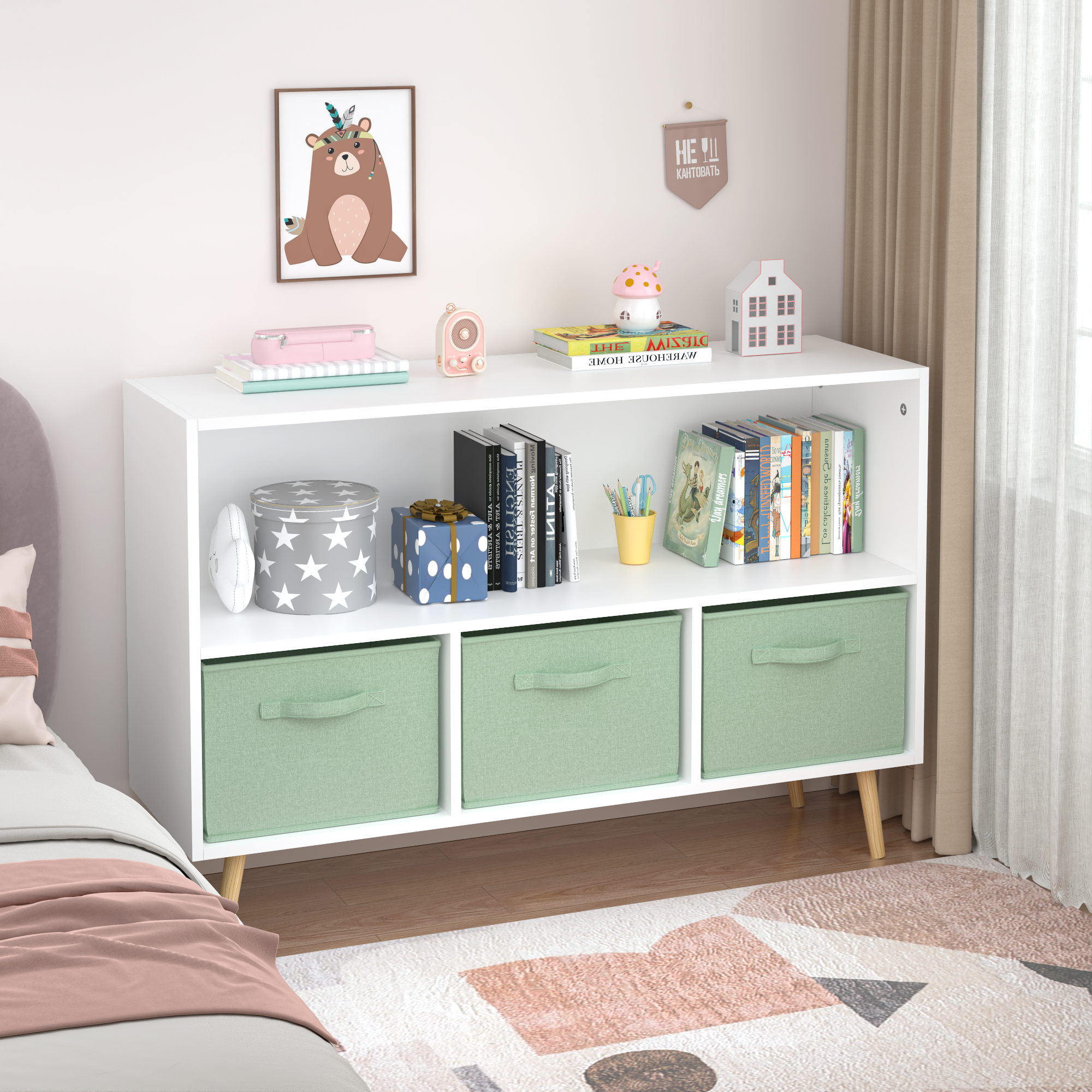 Kids bookcase with Collapsible Fabric Drawers, Children's Book Display, Toy Storage Cabinet Organizer, White/Green