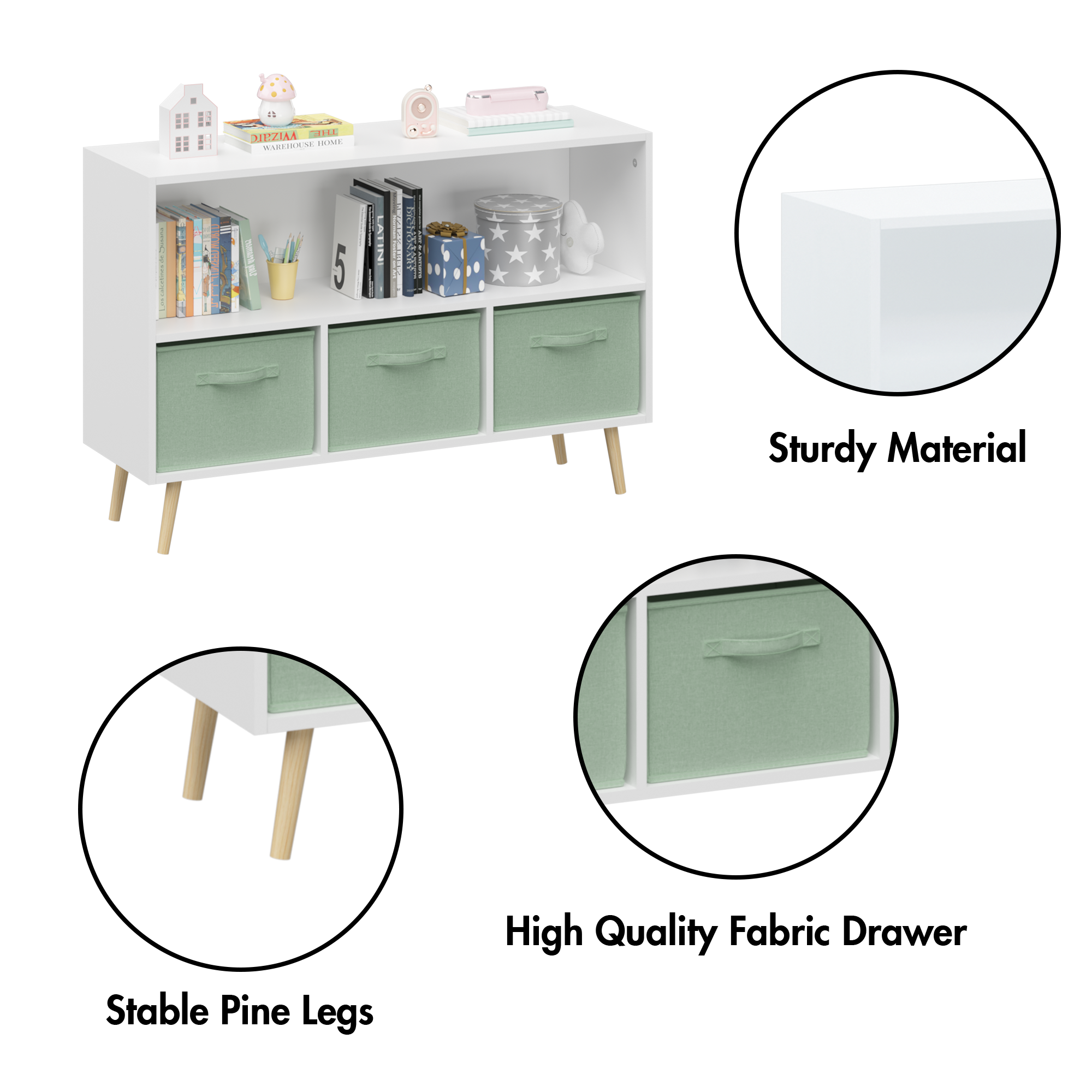 Kids bookcase with Collapsible Fabric Drawers, Children's Book Display, Toy Storage Cabinet Organizer, White/Green