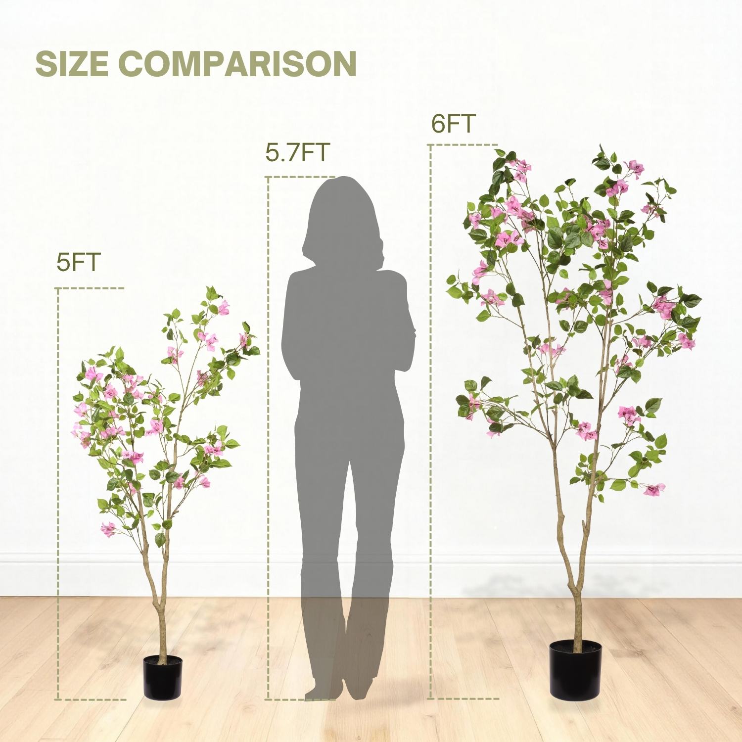5FT Artificial Bougainvillea Tree with Black Plastic Pot, Realistic Fake Flowering Tree for Indoor Home Office Decor, Potted Faux Plant, 1pc/set