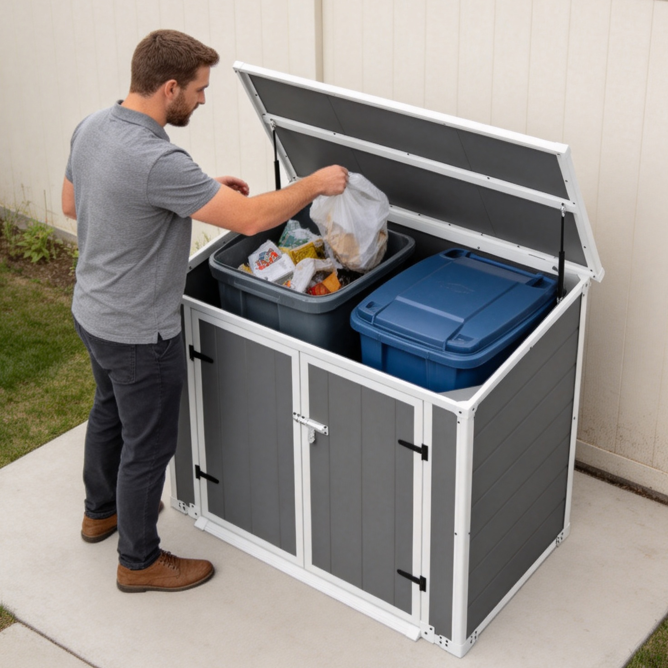 Horizontal Outdoor Storage Shed with Ramp & Hydraulic Lid, Lockable Waterproof Storage Cabinet for Trash Cans, Tools & Firewood
