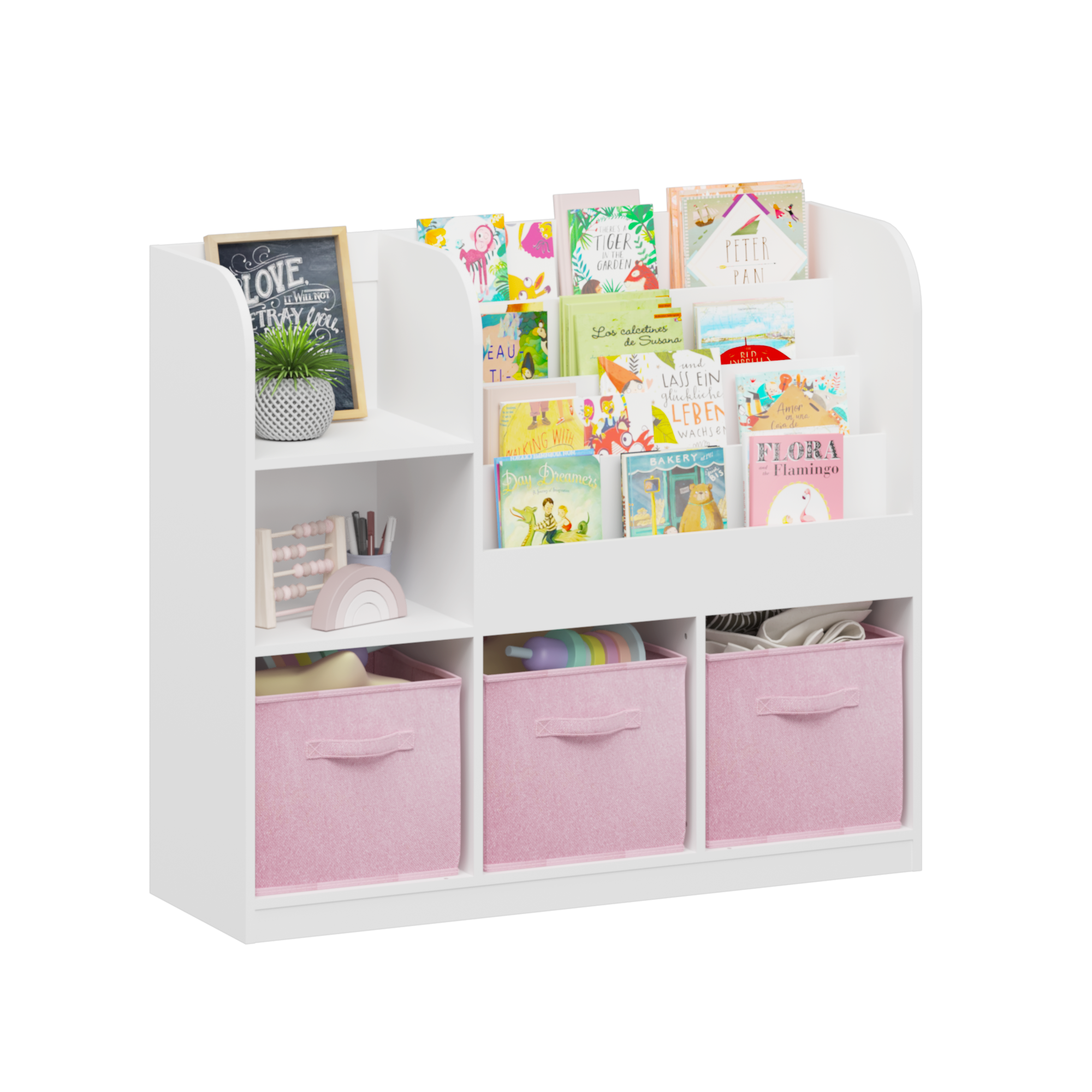 Kids Bookcase and Bookshelf, Multifunctional Bookcase with 3 Collapsible Fabric Drawers, Bookcase Display Stand, Toy Storage Organizer for Bedroom, Playroom, Hallway (White/Pink)