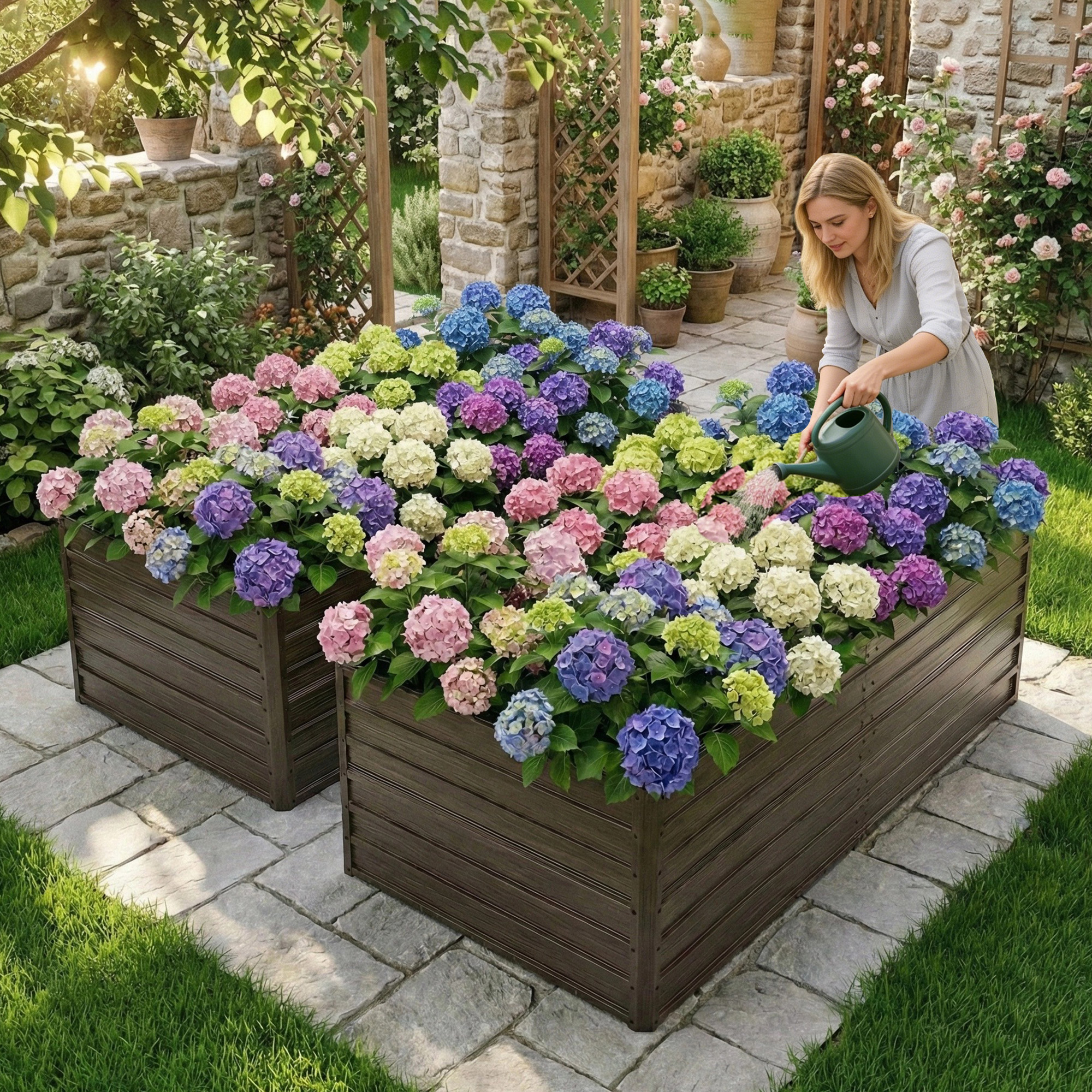 Double the Beds, Double the Harvest! 8x4x2 FT Woodgrain Galvanized Raised Garden Bed Set - Durable Outdoor Combo for Veggies, Flowers, Herbs & Fruits