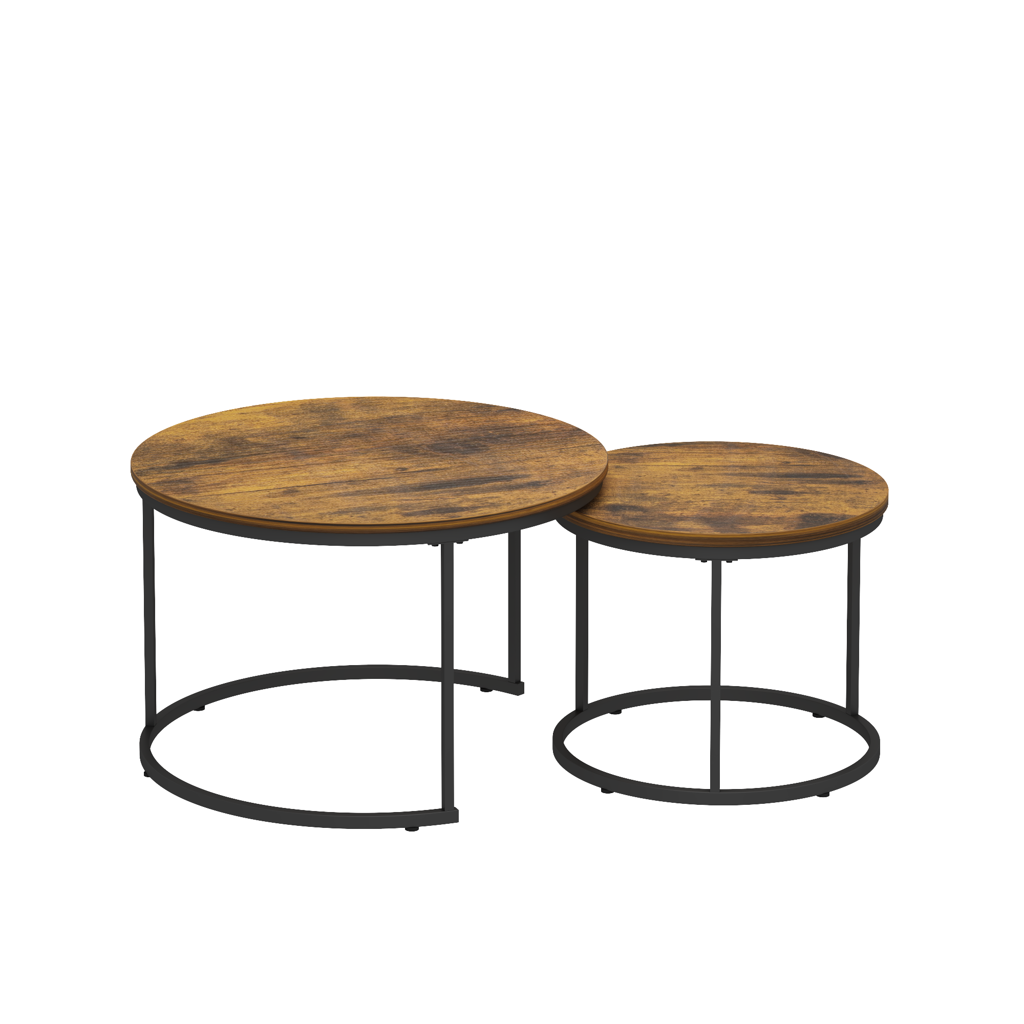 Nesting Coffee Table Set of 2, 27.6inch Round Coffee Table Industrial Wood Finish with Sturdy Metal Frame, End Table Side Tables for Living Room Bedroom Balcony Yard (Rustic Brown)