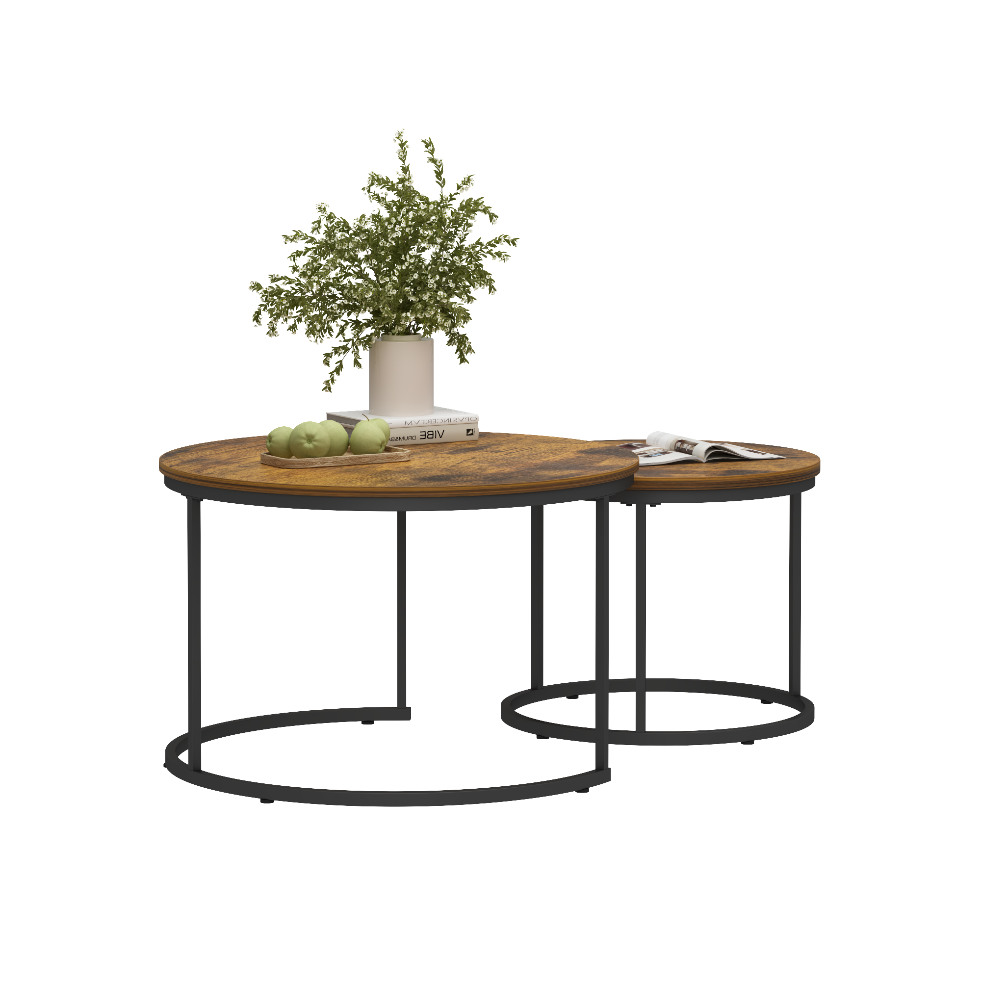 Nesting Coffee Table Set of 2, 27.6inch Round Coffee Table Industrial Wood Finish with Sturdy Metal Frame, End Table Side Tables for Living Room Bedroom Balcony Yard (Rustic Brown)
