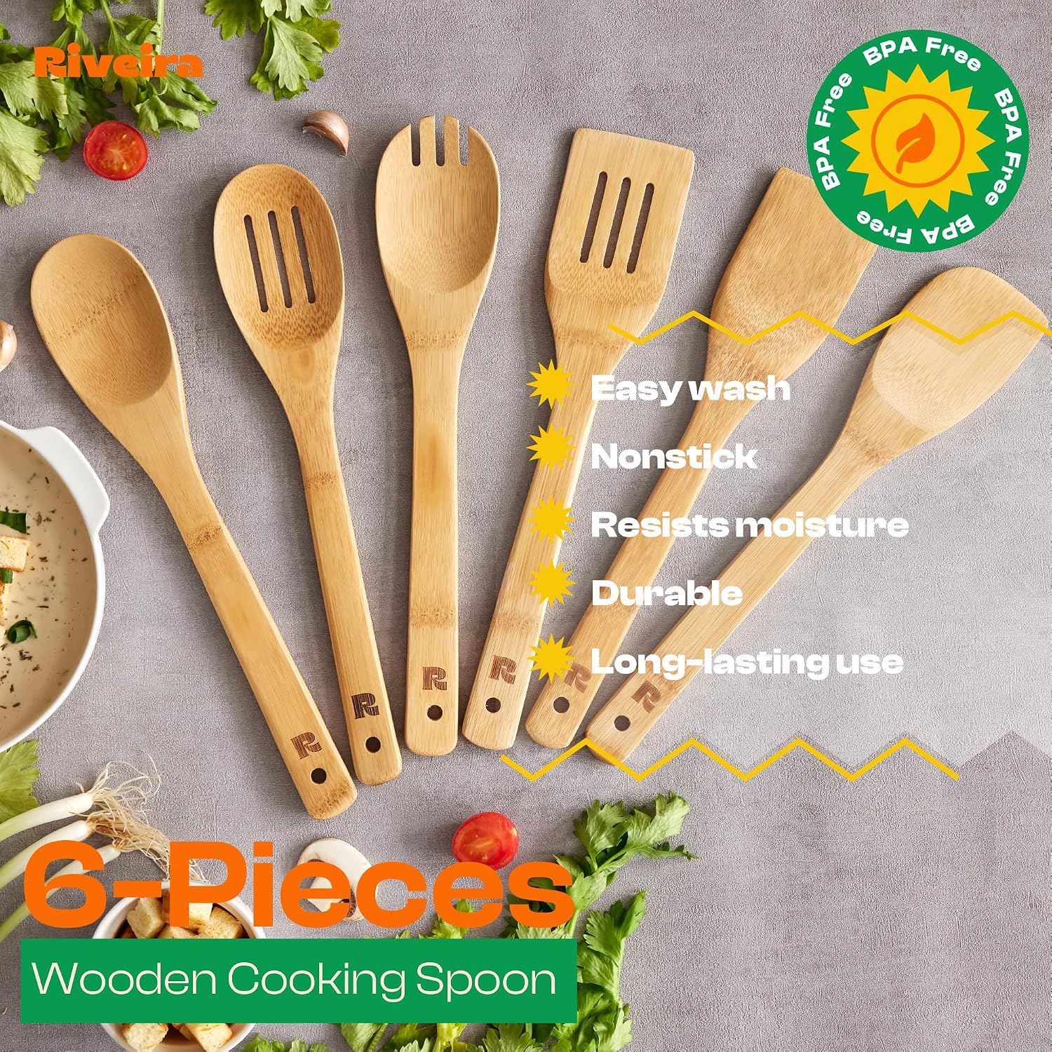 Bamboo Cooking Spoons 6-Piece Set, Wooden Kitchen Utensils With Spoons & Spatulas, Durable Cooking Tools For Home & Kitchen