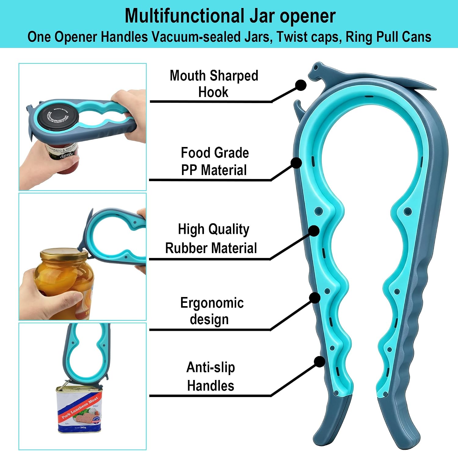 Jar Opener & Bottle Opener, Easy Grip Kitchen Tool For Seniors, Manual Lid Opener For Jars, Bottles, Cans & Household Use