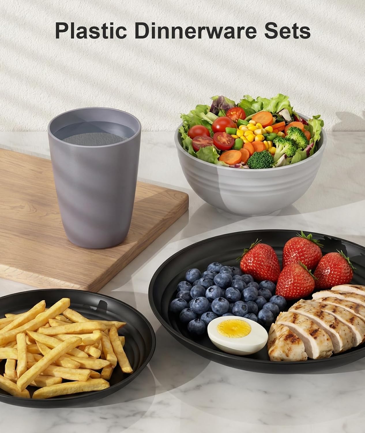 16 Piece Plates And Bowls Set For 4, Plastic Dinnerware Set, Lightweight Reusable Tableware For Home, Kitchen, Camping & Grey