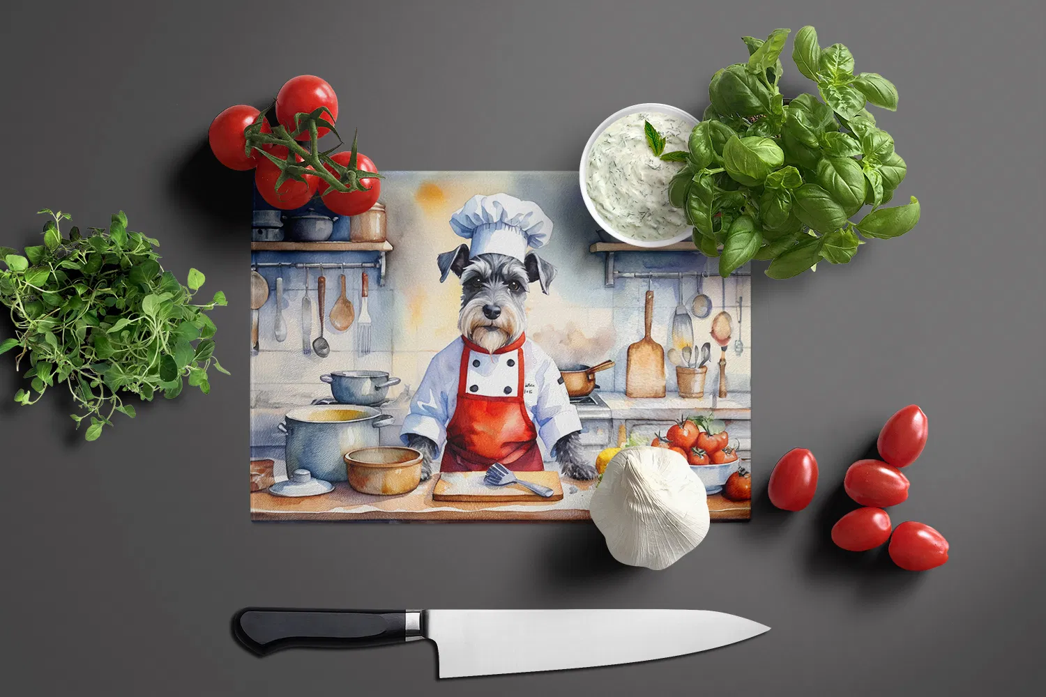 NEW Schnauzer The Chef Glass Cutting Board Decorative Tempered Glass Kitchen Cutting and Serving Board Large Size Chopping Board