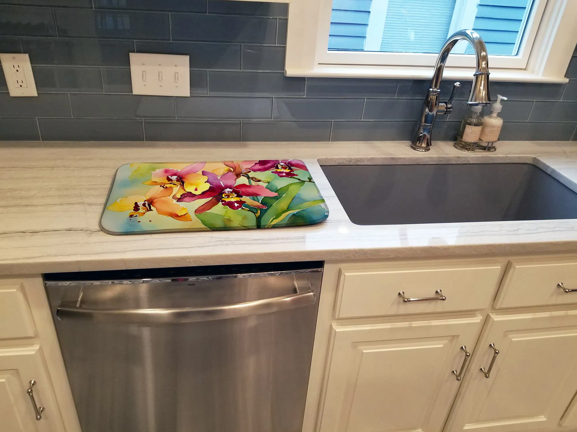 Orchids in Watercolor Dish Drying Mat Absorbent Dish Drying Mat Pad for Kitchen Counter Dish Drainer Mat for Countertop, 14 x 21", Multicolor
