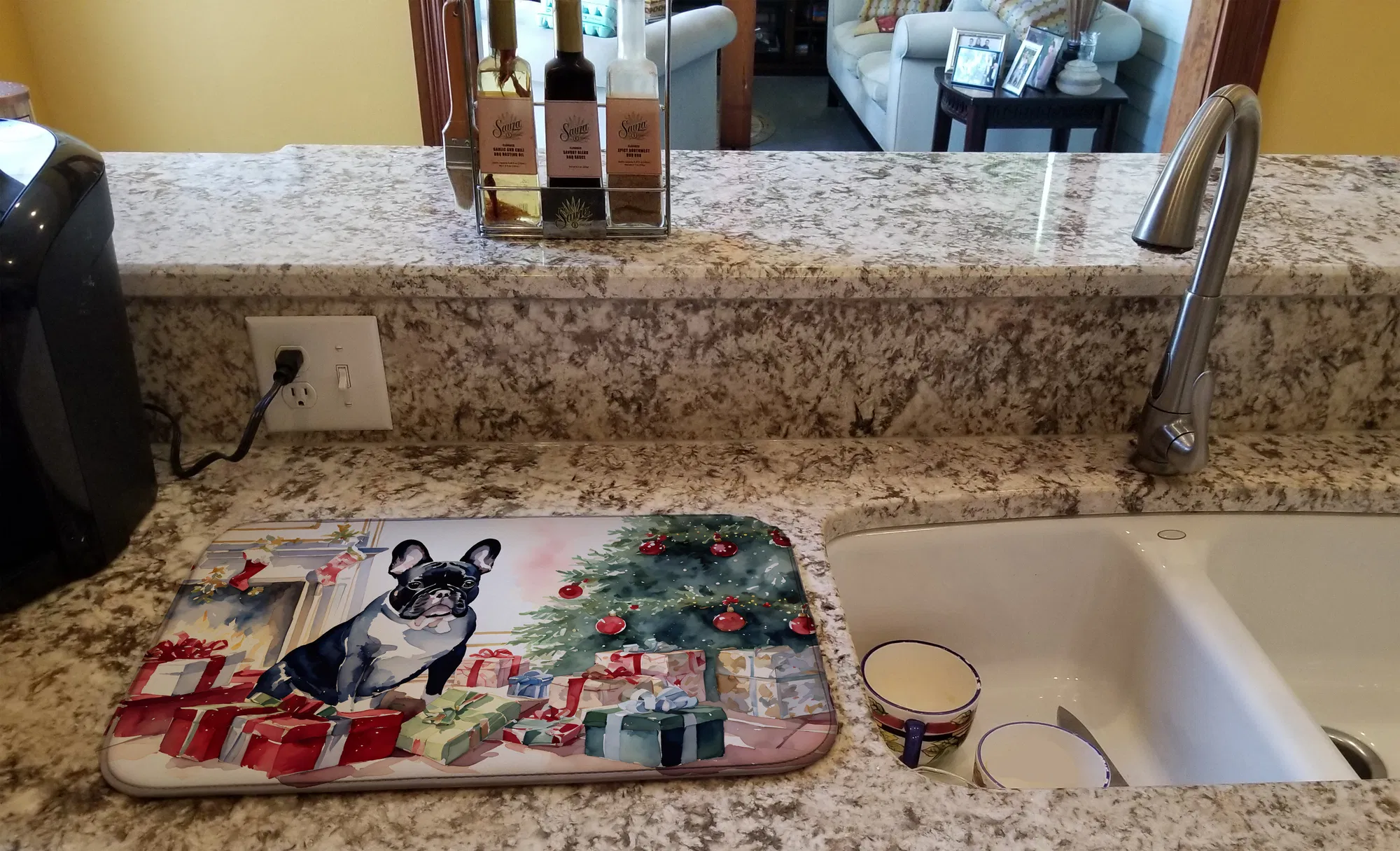 French Bulldog Cozy Christmas Dish Drying Mat Absorbent Dish Drying Mat Pad for Kitchen Counter Dish Drainer Mat for Countertop, 14 x 21", Multicolor