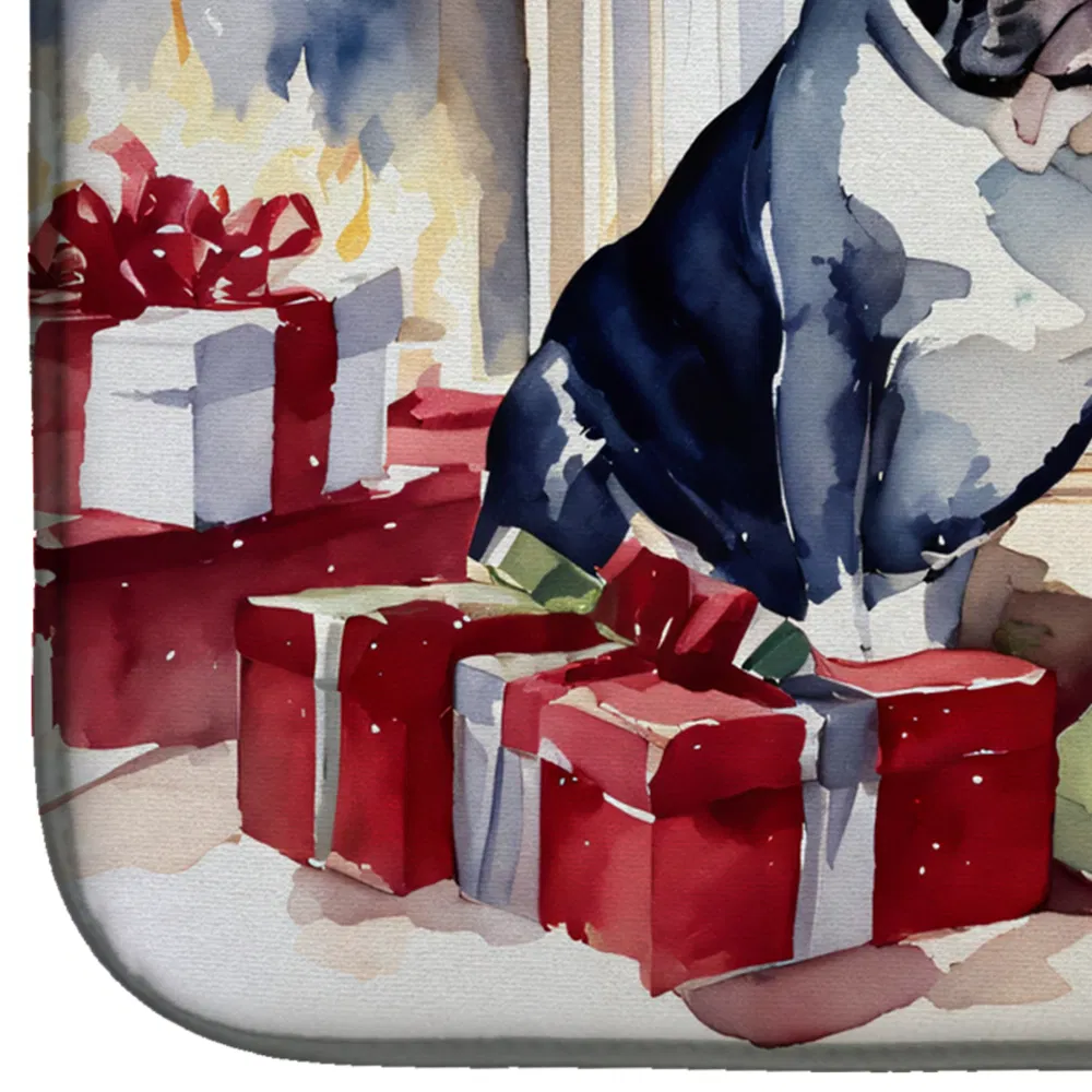 French Bulldog Cozy Christmas Dish Drying Mat Absorbent Dish Drying Mat Pad for Kitchen Counter Dish Drainer Mat for Countertop, 14 x 21", Multicolor