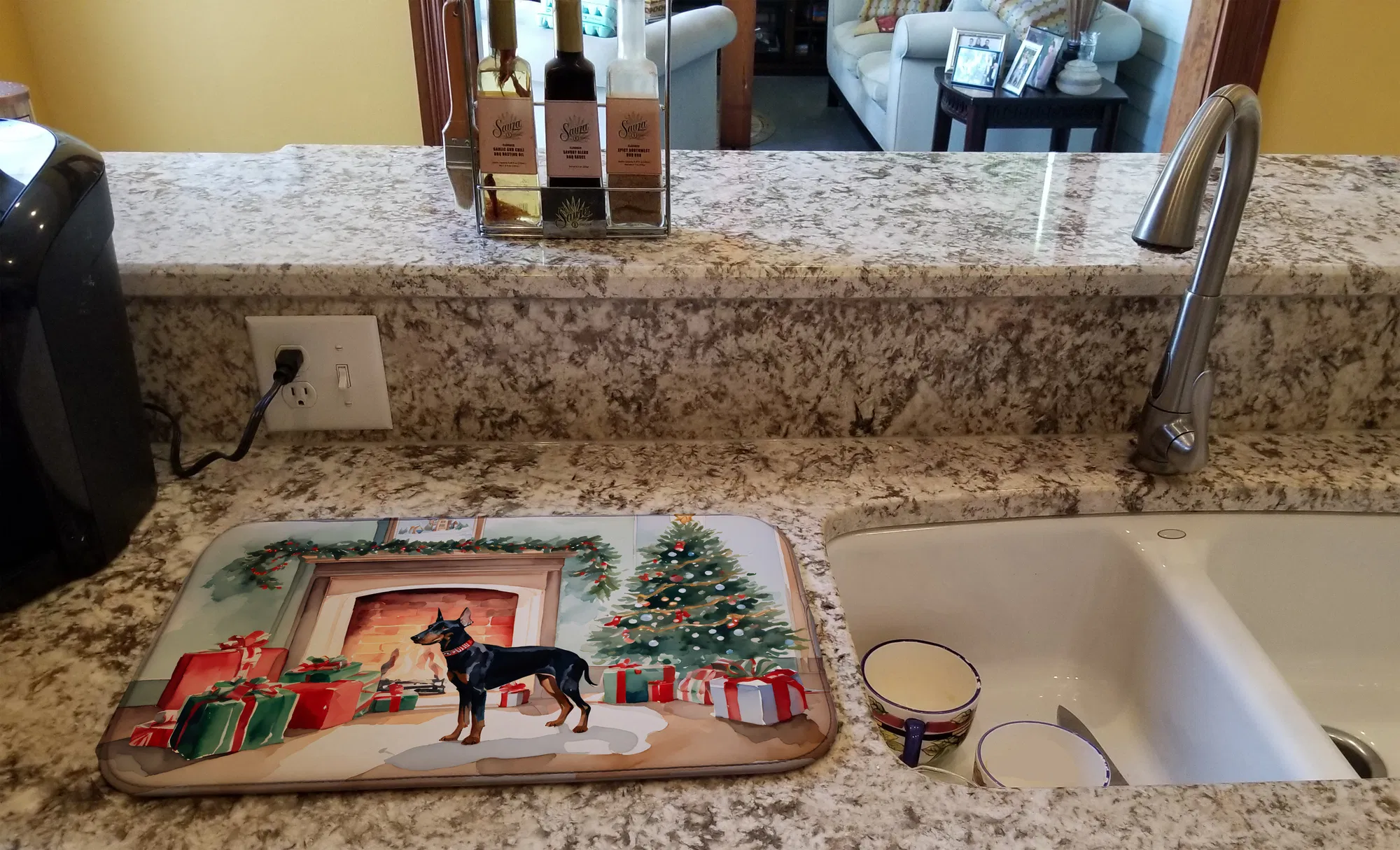 Doberman Pinscher Cozy Christmas Dish Drying Mat Absorbent Dish Drying Mat Pad for Kitchen Counter Dish Drainer Mat for Countertop, 14 x 21", Multicolor