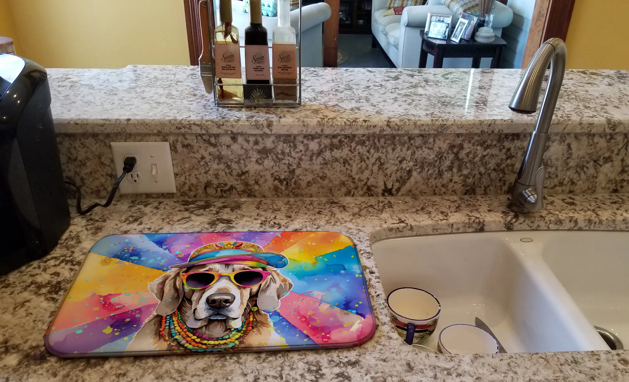 Weimaraner Hippie Dawg Dish Drying Mat Absorbent Dish Drying Mat Pad for Kitchen Counter Dish Drainer Mat for Countertop, 14 x 21", Multicolor