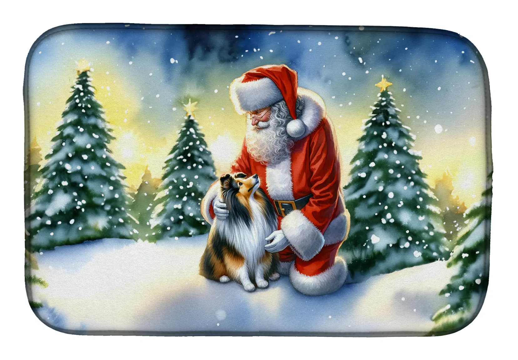 Sheltie and Santa Claus Dish Drying Mat Absorbent Dish Drying Mat Pad for Kitchen Counter Dish Drainer Mat for Countertop, 14 x 21", Multicolor