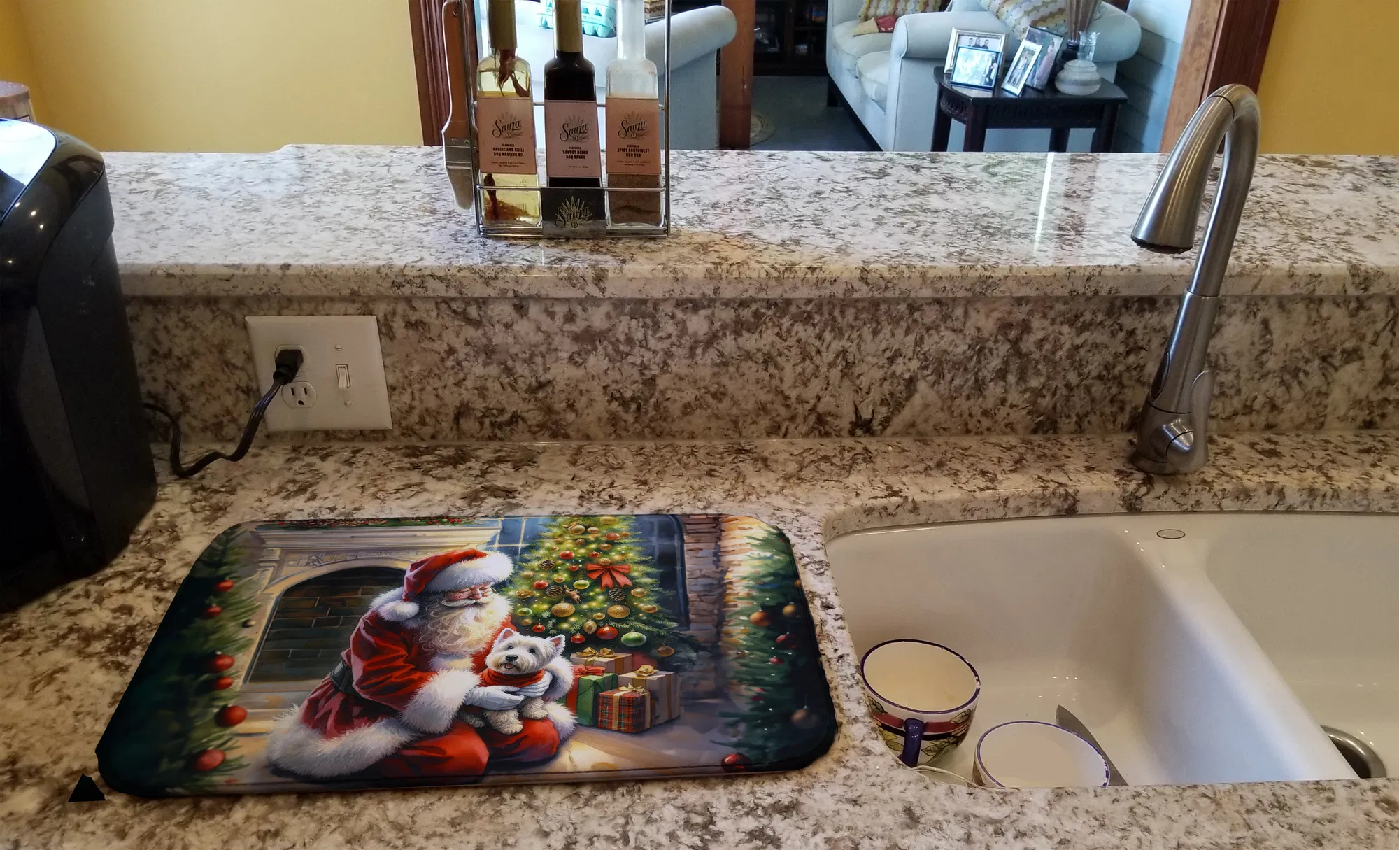 Westie and Santa Claus Dish Drying Mat Absorbent Dish Drying Mat Pad for Kitchen Counter Dish Drainer Mat for Countertop, 14 x 21", Multicolor