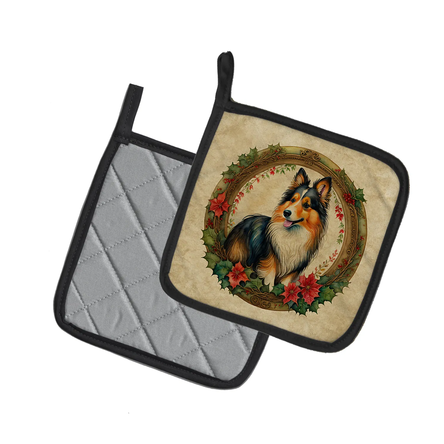 Sheltie Christmas Flowers Pair of Pot Holders Kitchen Heat Resistant Pot Holders Sets Oven Hot Pads for Cooking Baking BBQ, 7 1/2 x 7 1/2