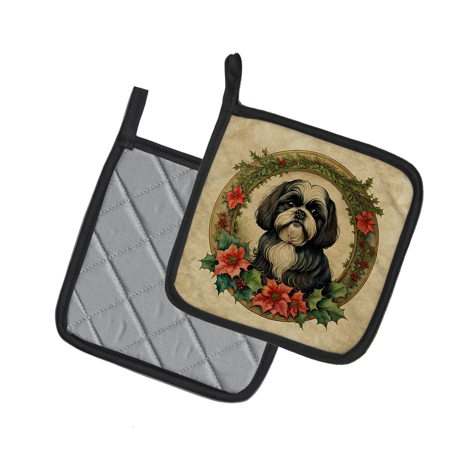 Shih Tzu Christmas Flowers Pair of Pot Holders Kitchen Heat Resistant Pot Holders Sets Oven Hot Pads for Cooking Baking BBQ, 7 1/2 x 7 1/2