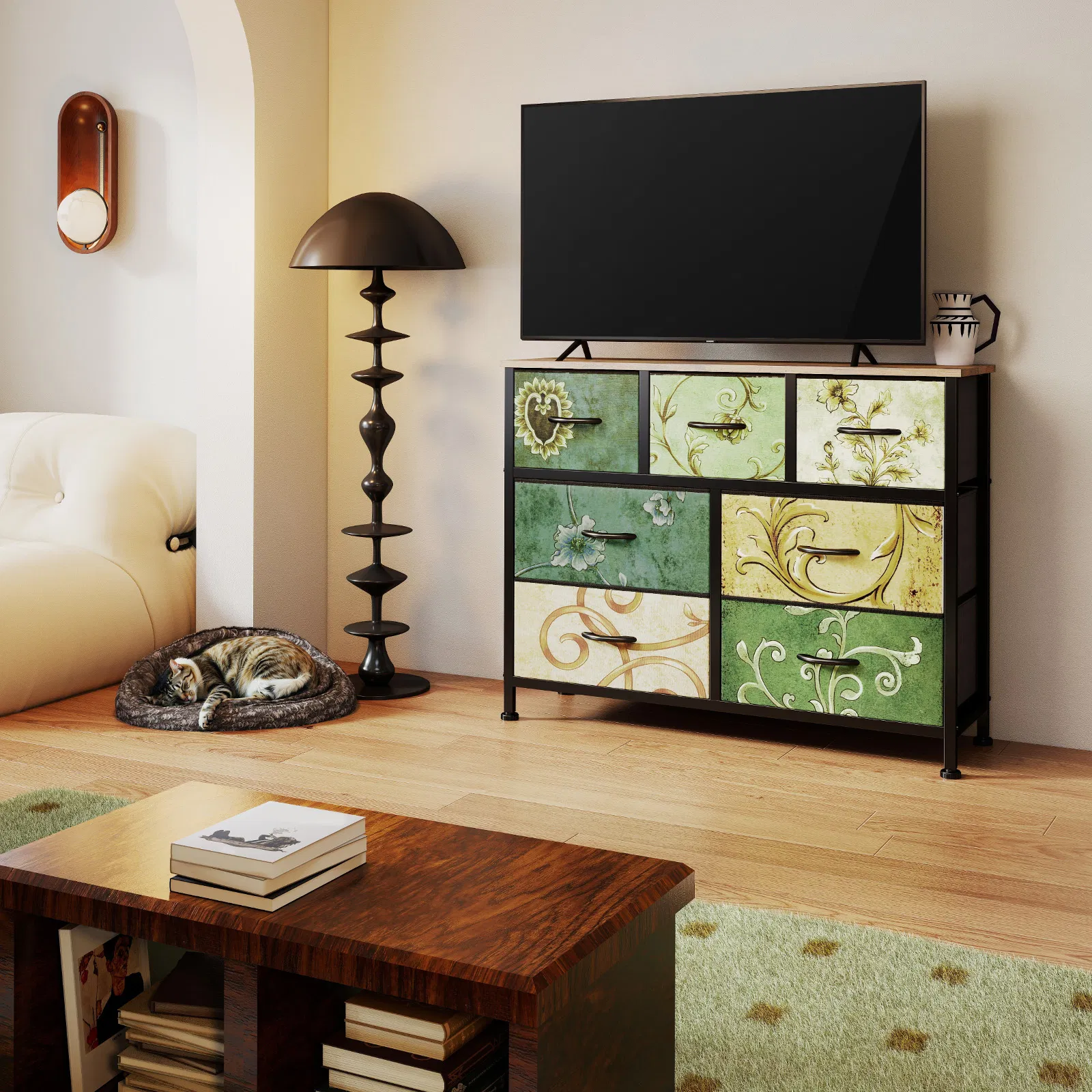 Dresser, Bedside table with a movable fabric box, sturdy steel-framed wooden top organizer furniture