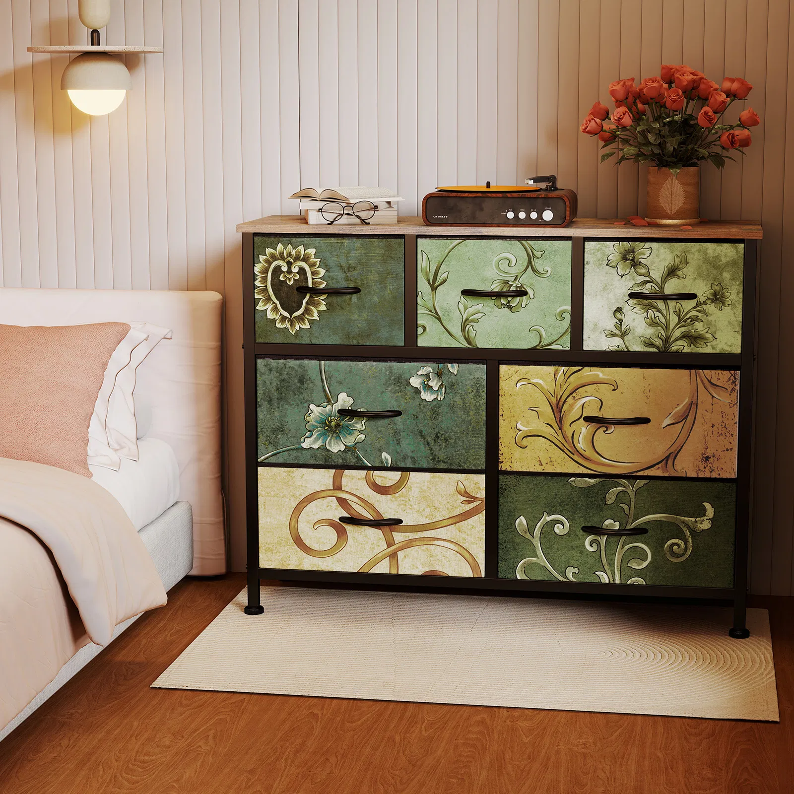 Dresser, Bedside table with a movable fabric box, sturdy steel-framed wooden top organizer furniture