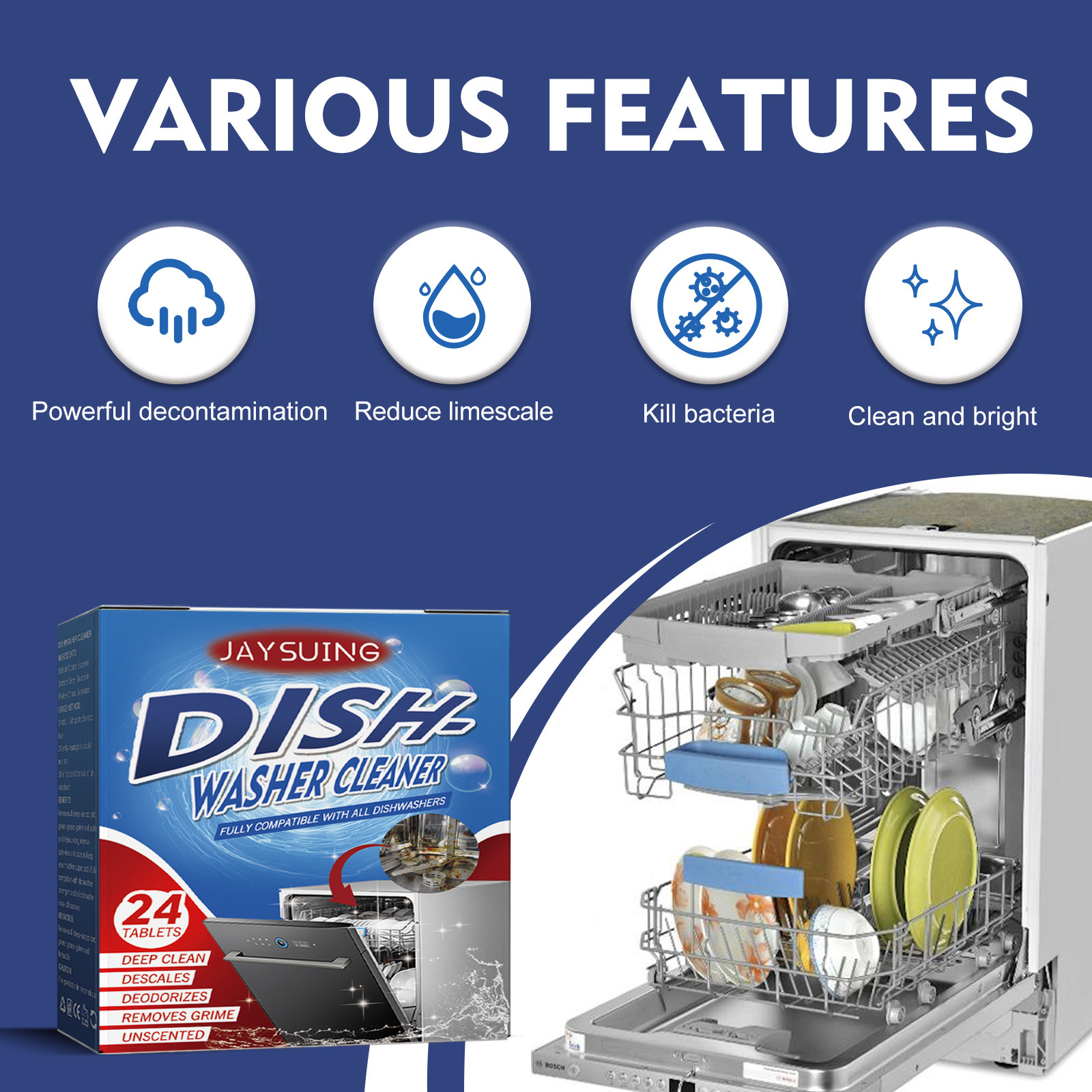 Cross-Border Jaysuing Dishwasher Cleaning And Descaling Tablets To Remove Heavy Grease Stains, Kitchen And Bathroom Appliances, Household Dishwasher Cleaner