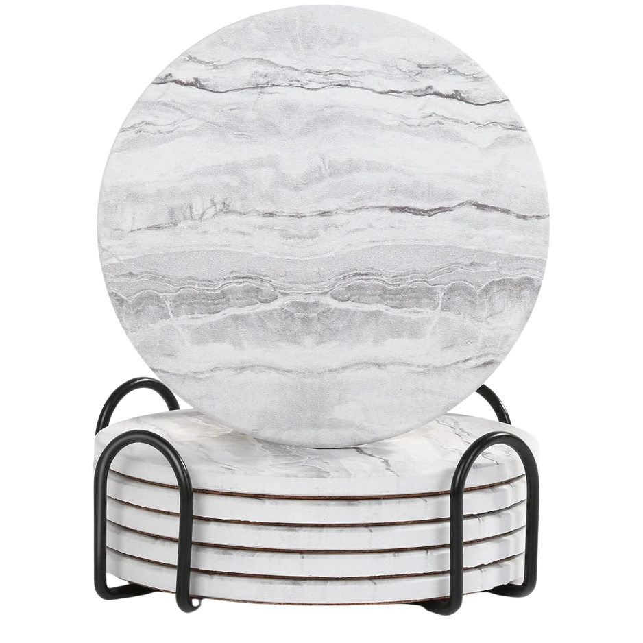 Ceramic Drink Coasters 6 PCS With Holder, Absorbent Marble Style Coaster Set For Coffee Table, Wooden Table, Cups And Home Decor