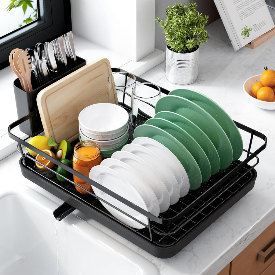 Dish Drying Rack For Kitchen Counter, 12W X 15.5L, Black Stainless Steel Sink Organization, Cutlery Holder, Home