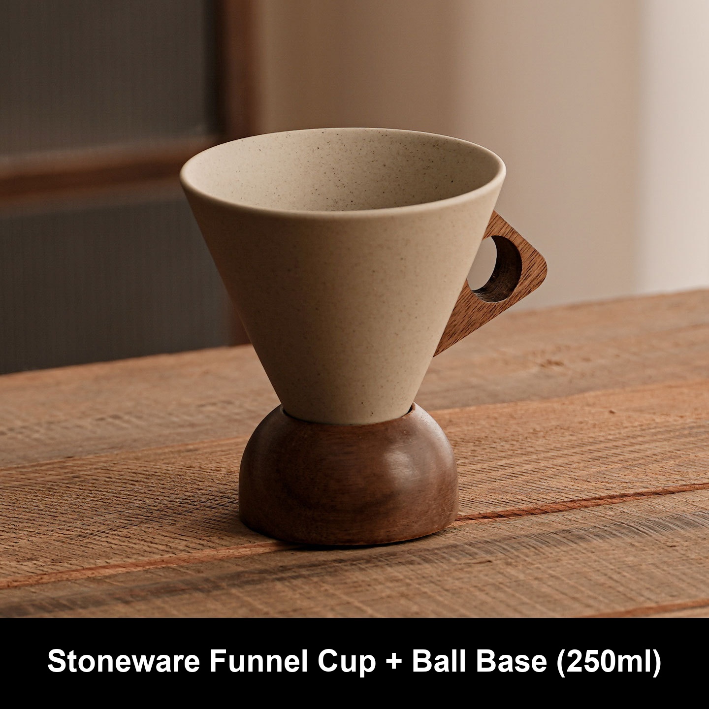 Vintage Handmade Stoneware Funnel Coffee Mug With Wooden Base, 6oz Or 8.5oz Rustic Ceramic Tea Cup, Matte Glaze Pottery Latte Cup For Home Cafe