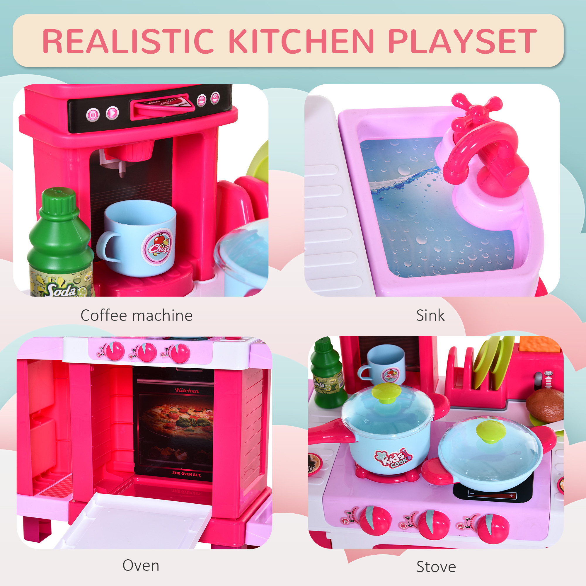 38 Pcs Kids Children Kitchen Play Set W/ Realistic Sounds Lights Food Utensils Pots Pans Appliances Toy Game Pink