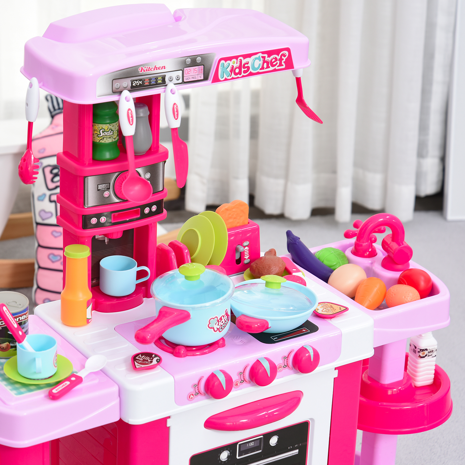 38 Pcs Kids Children Kitchen Play Set W/ Realistic Sounds Lights Food Utensils Pots Pans Appliances Toy Game Pink