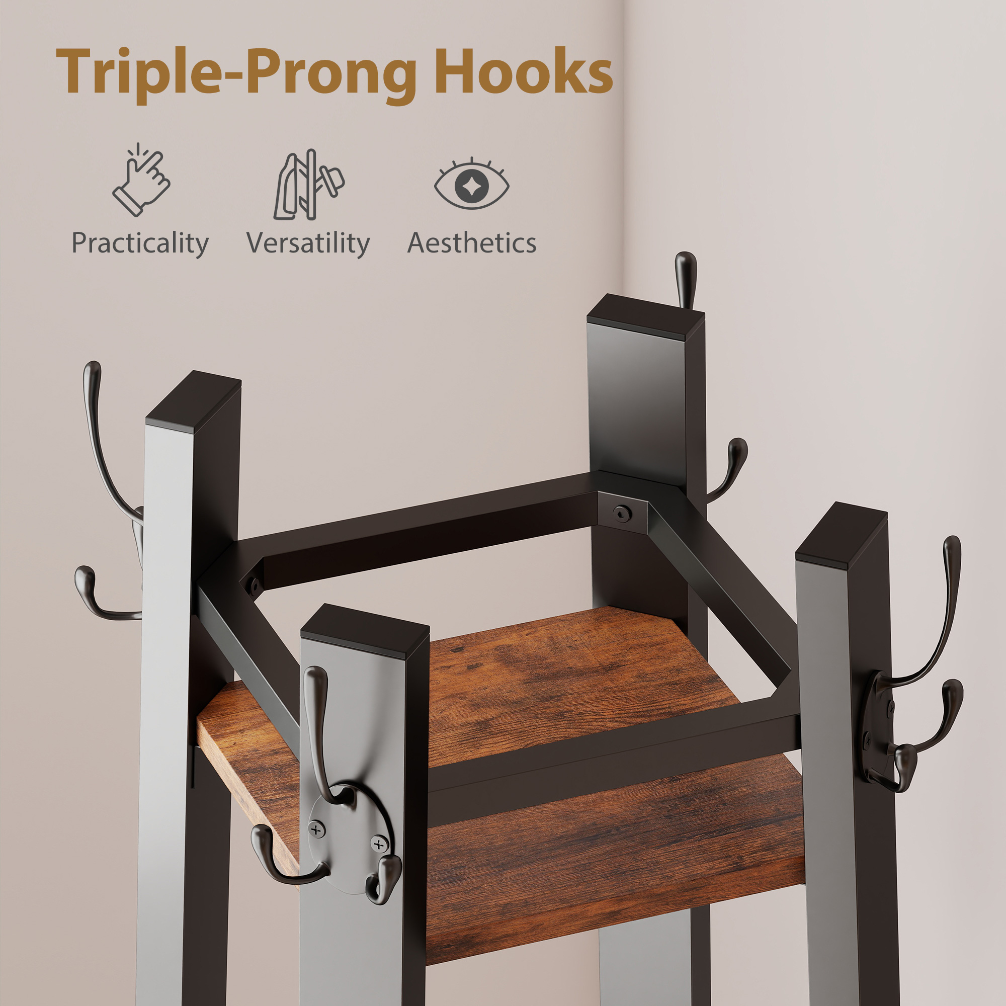 Industrial-Style Four Shelf Coat Stand-Brown/Black