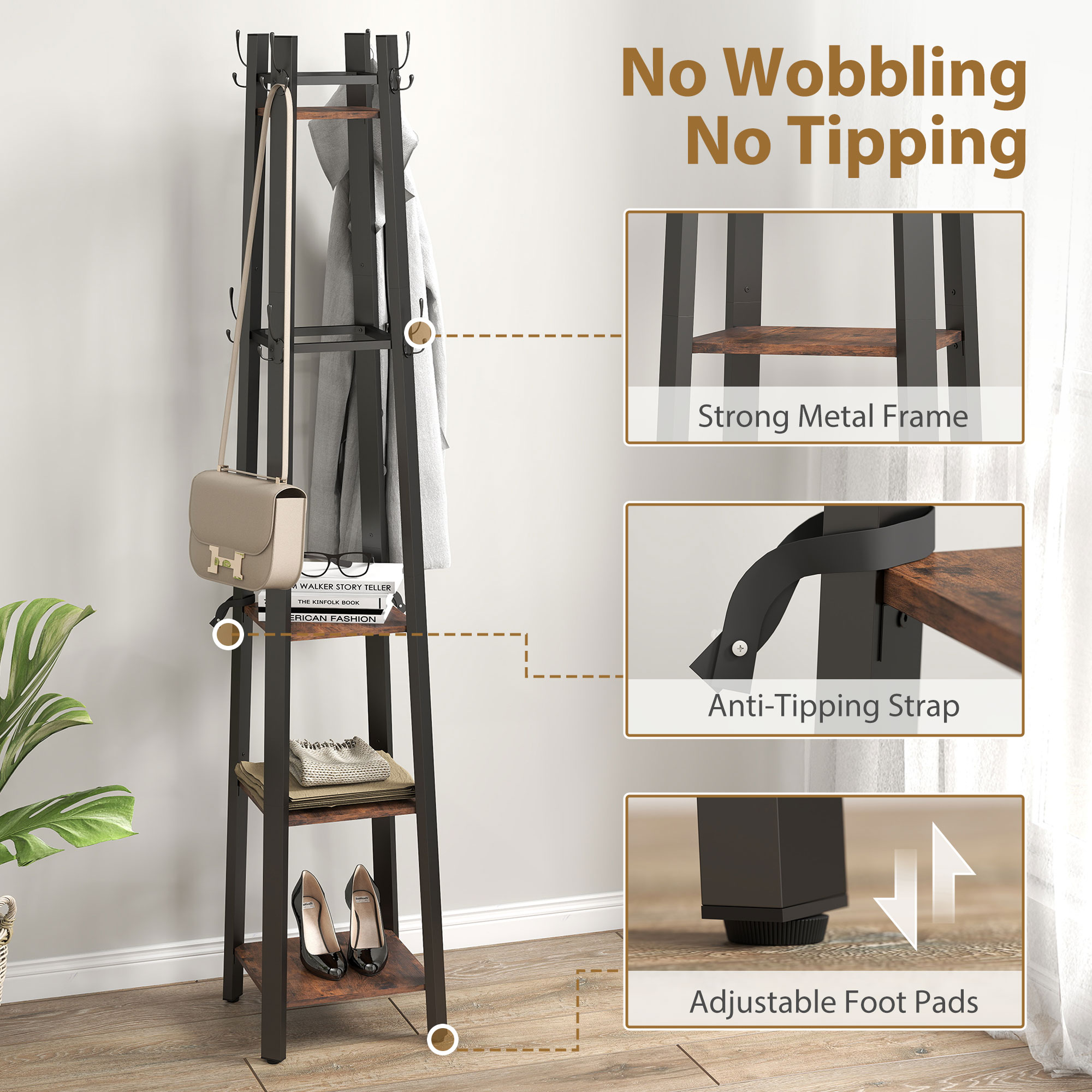 Industrial-Style Four Shelf Coat Stand-Brown/Black