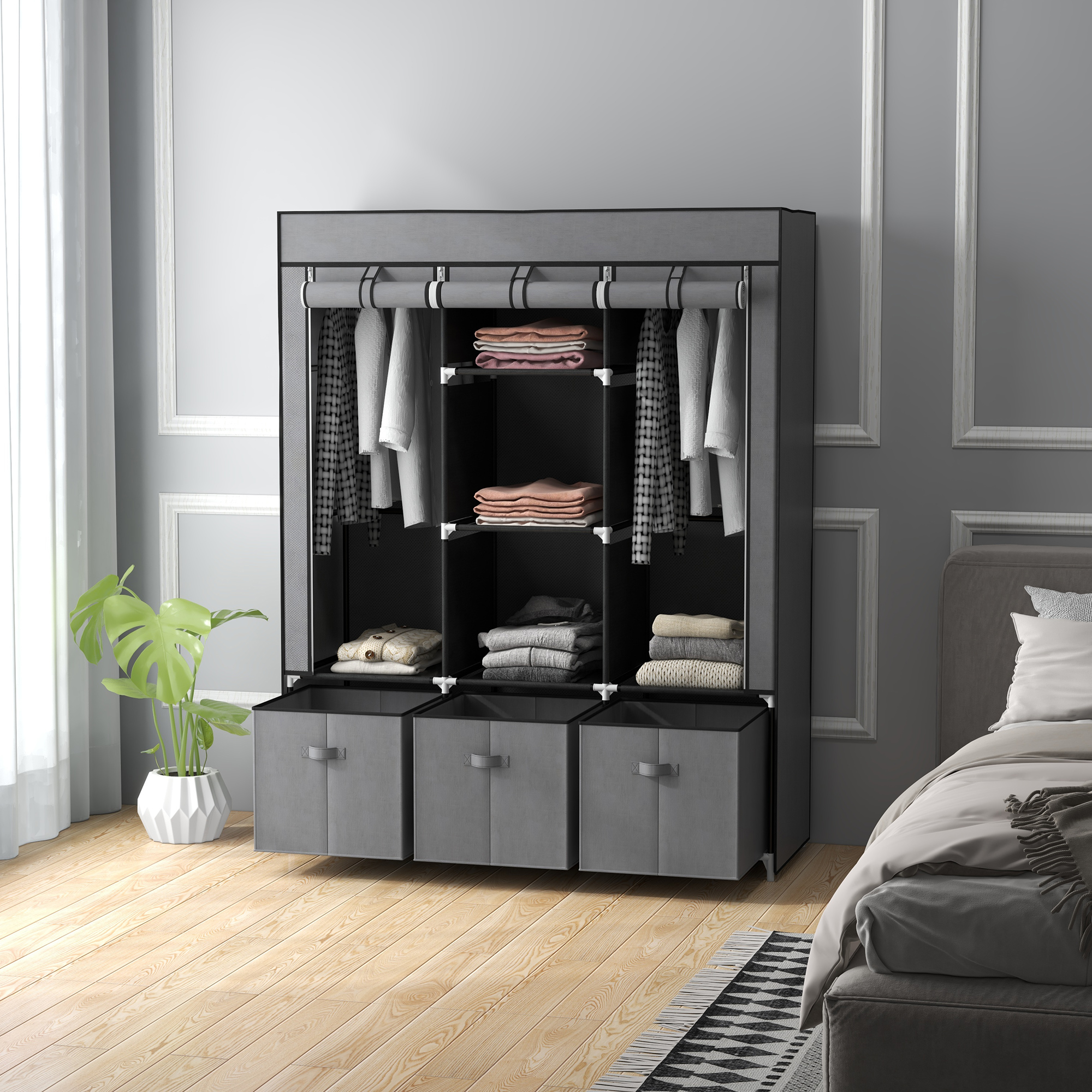 Fabric Wardrobe For Bedroom,Portable Wardrobe With 5 Shelves,2 Hanging Rails And 3 Fabric Drawers,Foldable Closet,125 X 43 X 162.5cm,Dark Grey