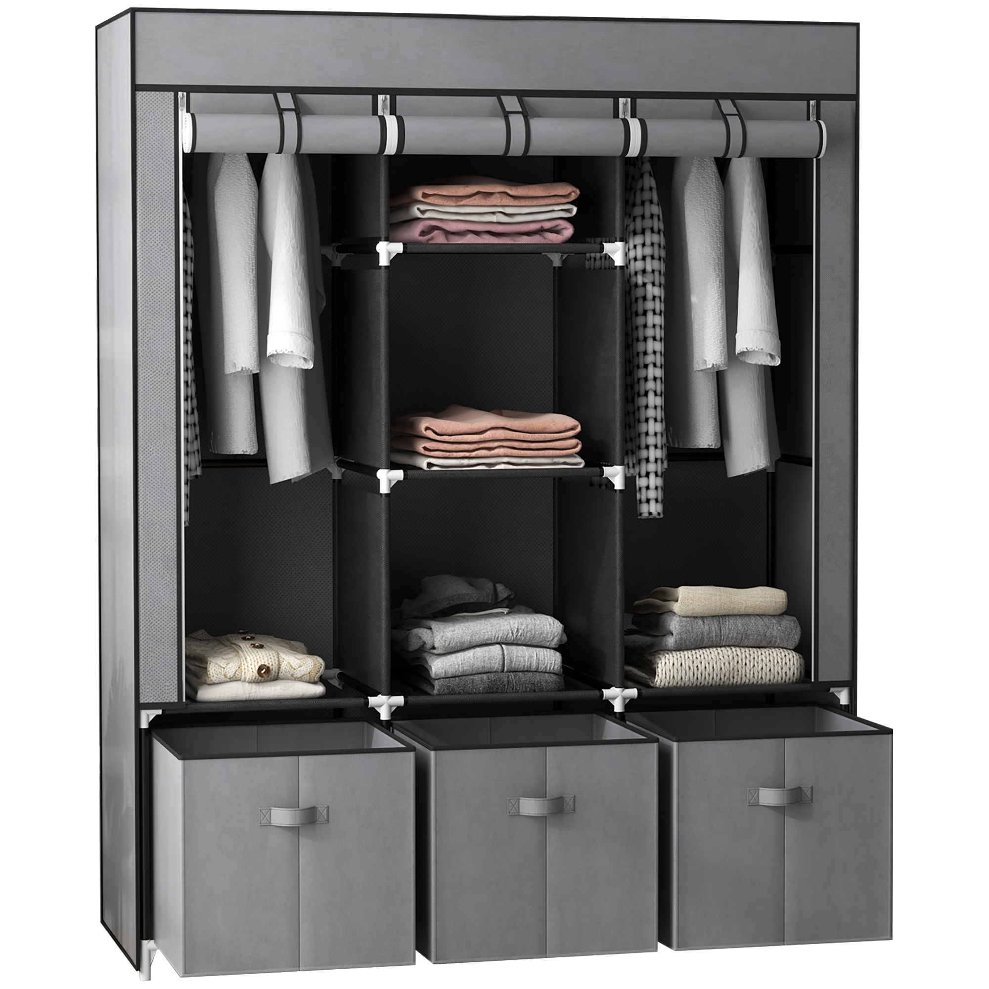 Fabric Wardrobe For Bedroom,Portable Wardrobe With 5 Shelves,2 Hanging Rails And 3 Fabric Drawers,Foldable Closet,125 X 43 X 162.5cm,Dark Grey