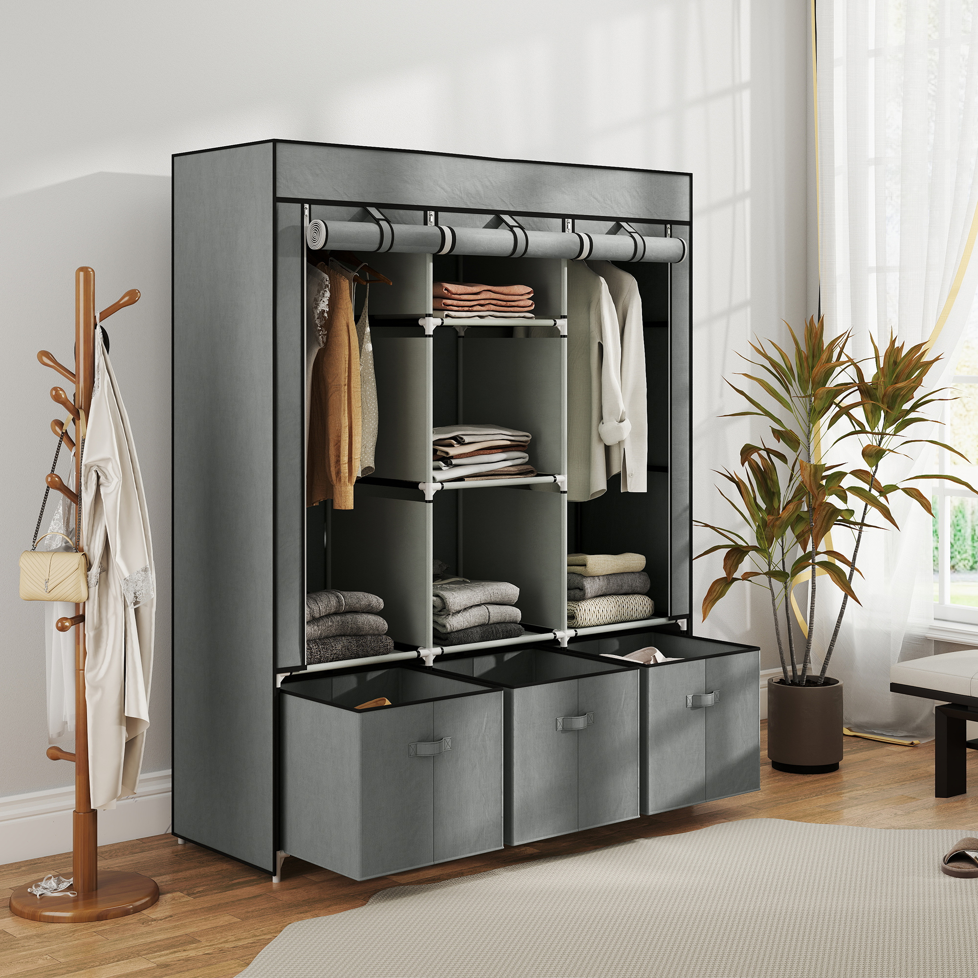 Fabric Wardrobe For Bedroom,Portable Wardrobe With 5 Shelves,2 Hanging Rails And 3 Fabric Drawers,Foldable Closet,125 X 43 X 162.5cm,Light Grey