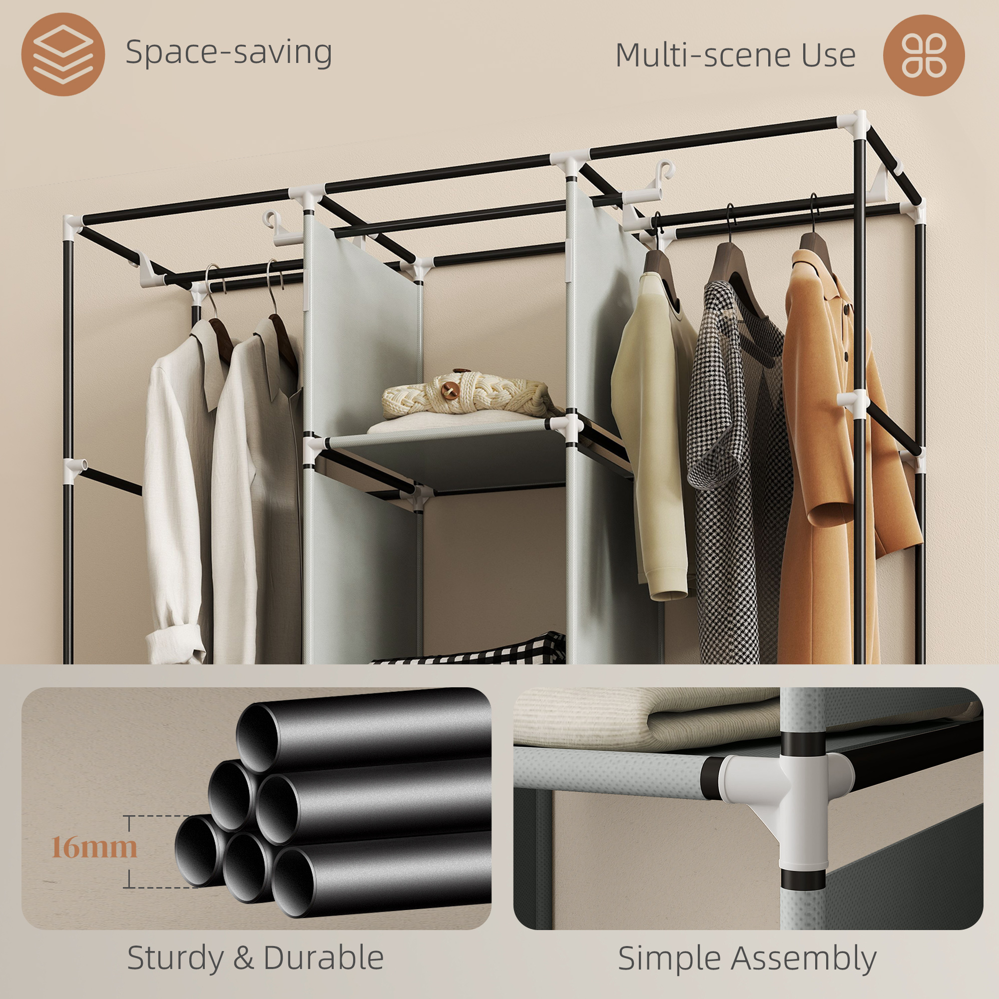 Fabric Wardrobe For Bedroom,Portable Wardrobe With 5 Shelves,2 Hanging Rails And 3 Fabric Drawers,Foldable Closet,125 X 43 X 162.5cm,Light Grey