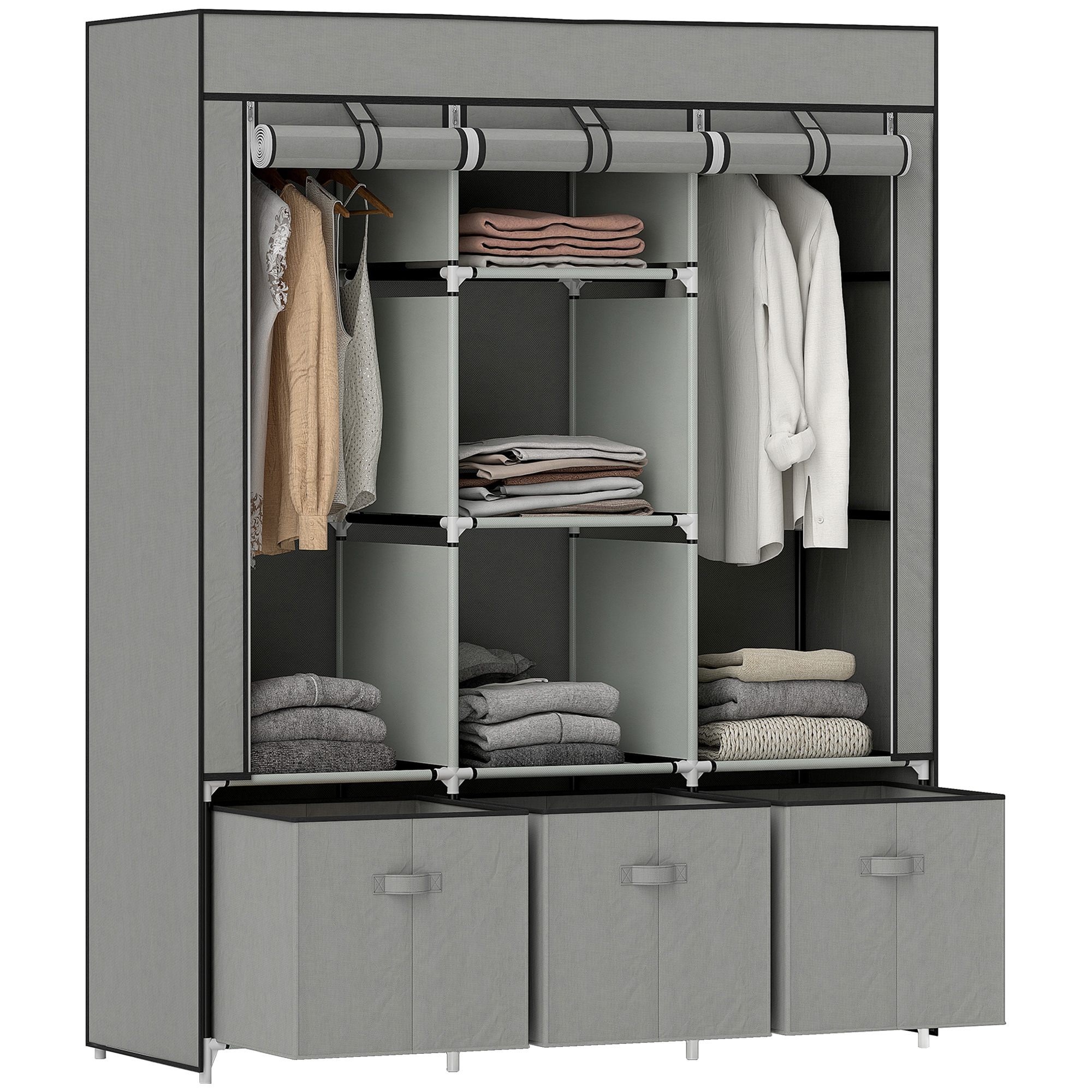 Fabric Wardrobe For Bedroom,Portable Wardrobe With 5 Shelves,2 Hanging Rails And 3 Fabric Drawers,Foldable Closet,125 X 43 X 162.5cm,Light Grey