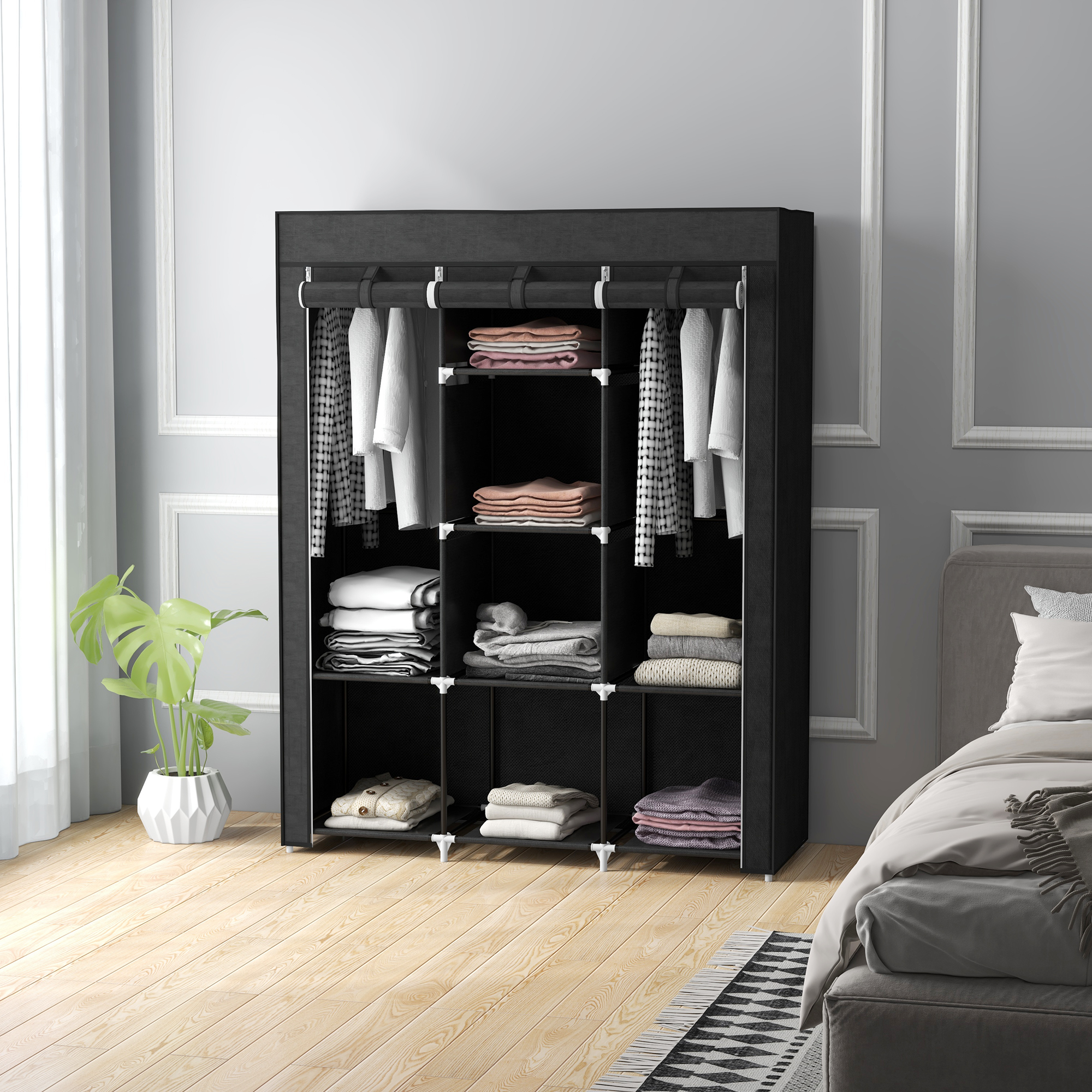 Fabric Wardrobe,with Rails And Shelves-Black