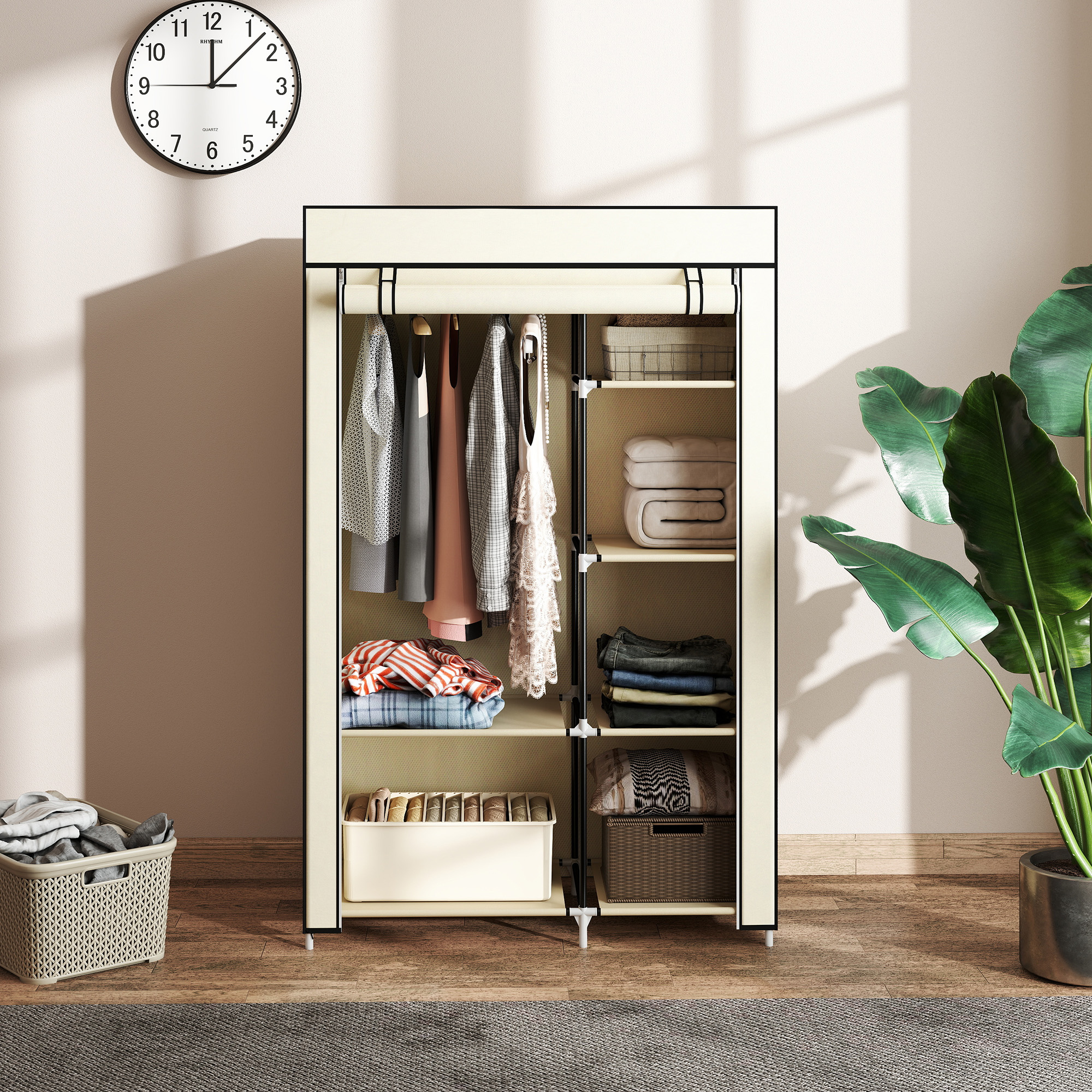 Fabric Wardrobe W/ Shelves Hanging Rail Foldable Wardrobe Cream