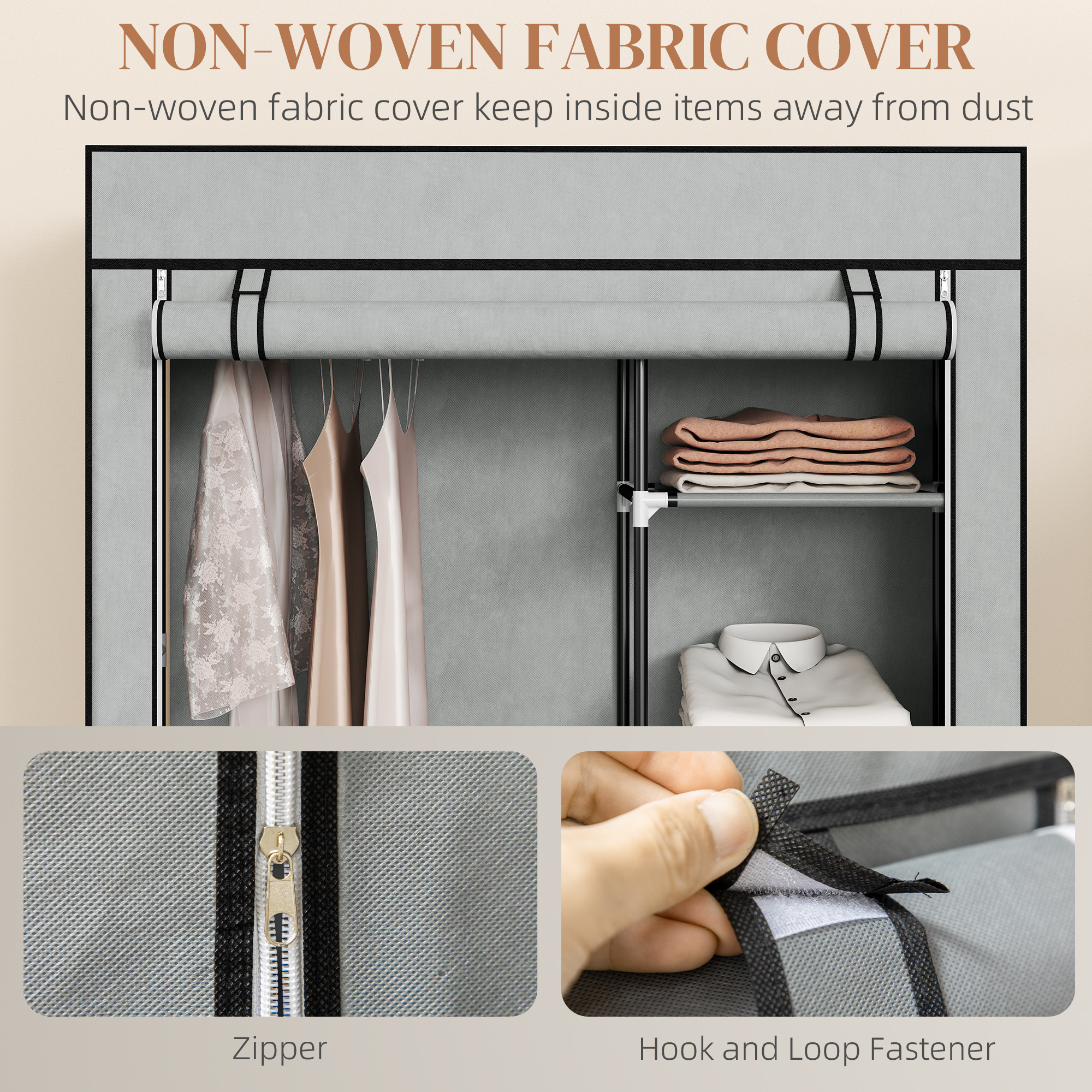 Fabric Wardrobe W/ Shelves Hanging Rail Foldable Wardrobe Light Grey