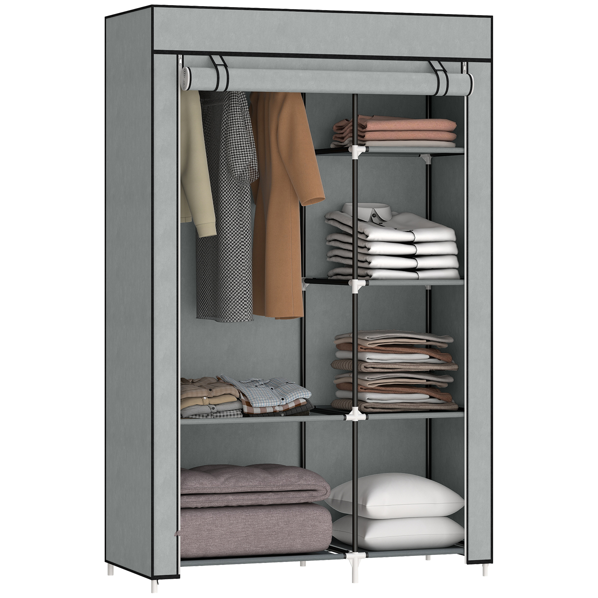 Fabric Wardrobe W/ Shelves Hanging Rail Foldable Wardrobe Light Grey