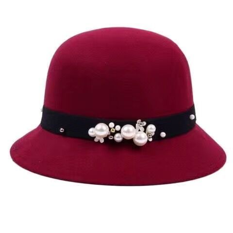 Top Hat Women's Fashion Big Brim Pearl Woolen Felt Hat