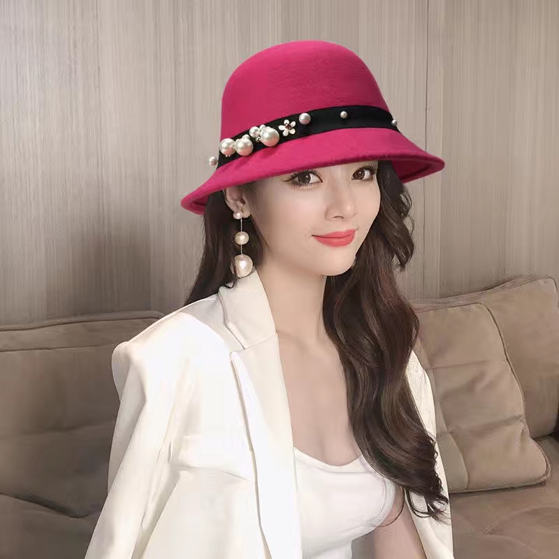 Top Hat Women's Fashion Big Brim Pearl Woolen Felt Hat