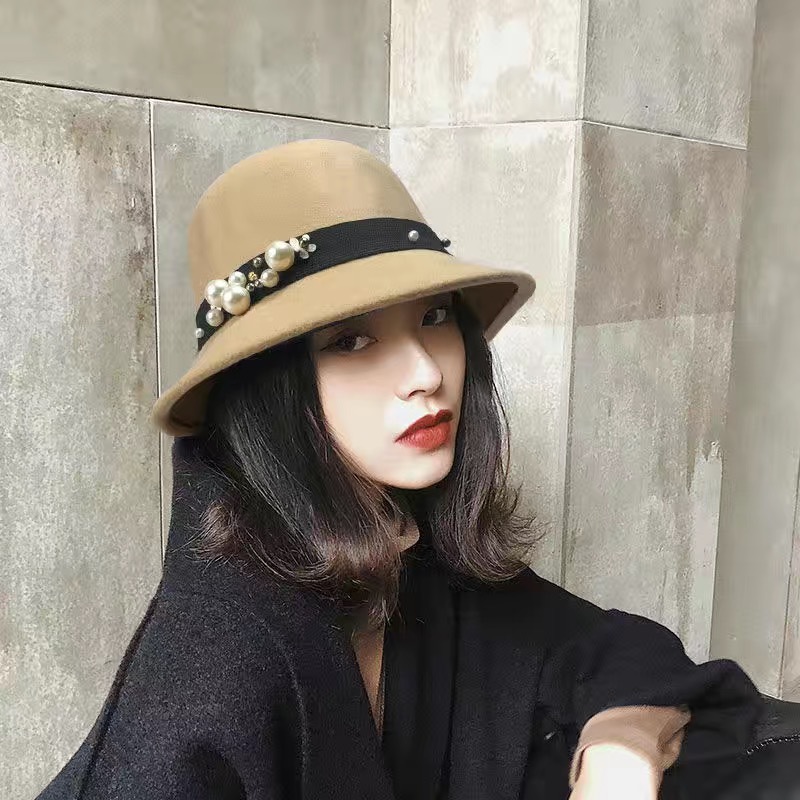 Top Hat Women's Fashion Big Brim Pearl Woolen Felt Hat