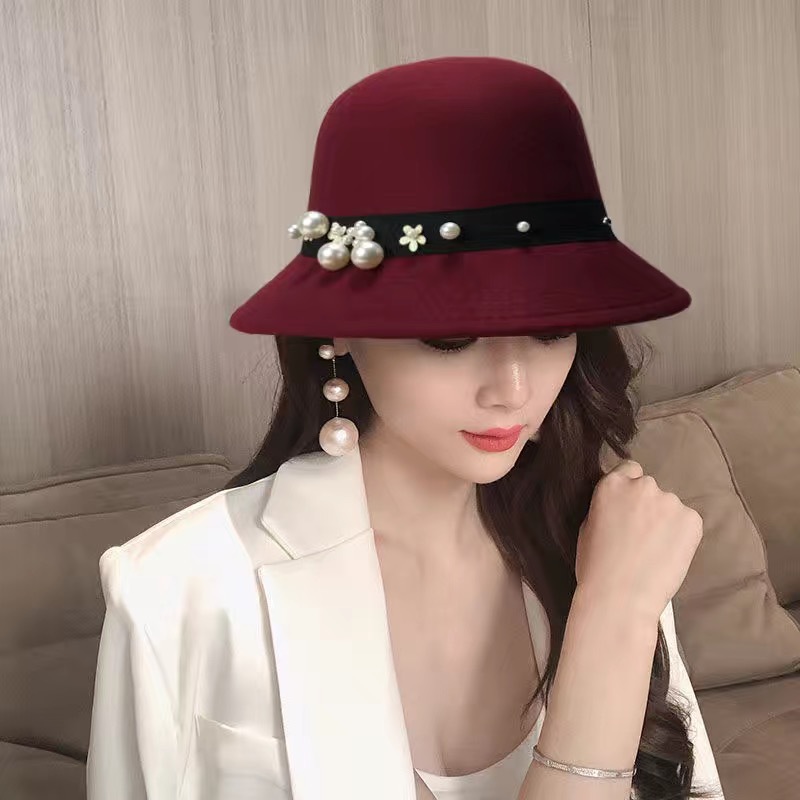 Top Hat Women's Fashion Big Brim Pearl Woolen Felt Hat