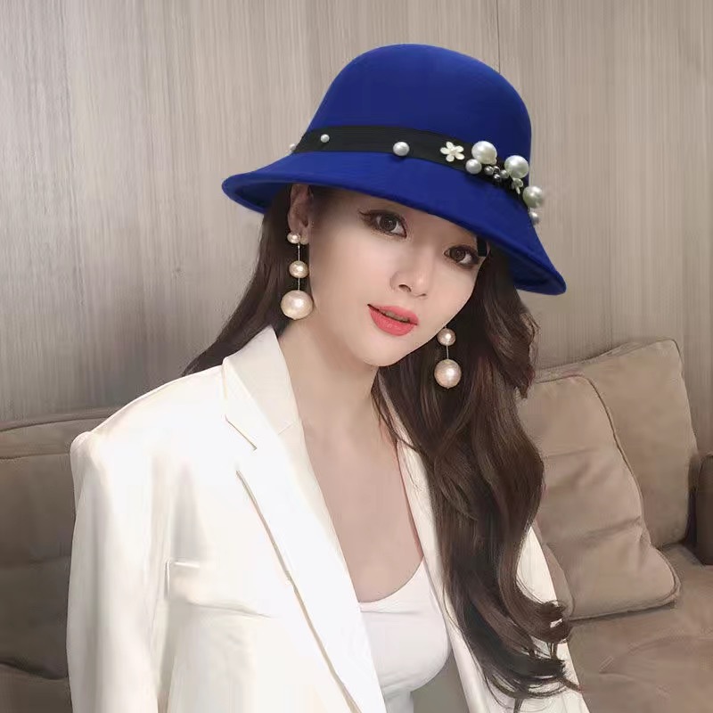 Top Hat Women's Fashion Big Brim Pearl Woolen Felt Hat