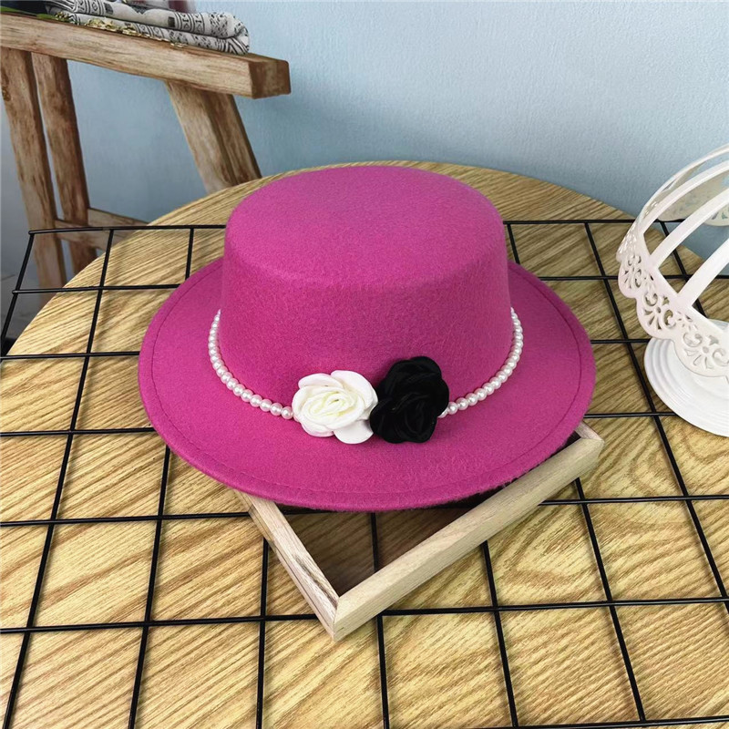 Vintage Top Hat Female Pearl Chain Flower Woolen Flat Hat
