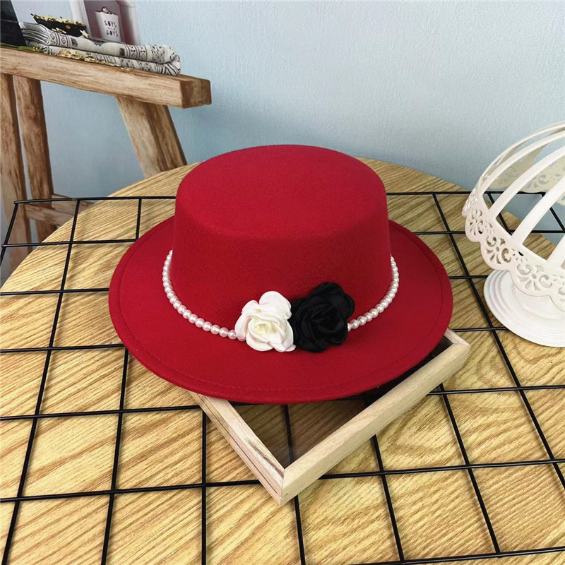 Vintage Top Hat Female Pearl Chain Flower Woolen Flat Hat